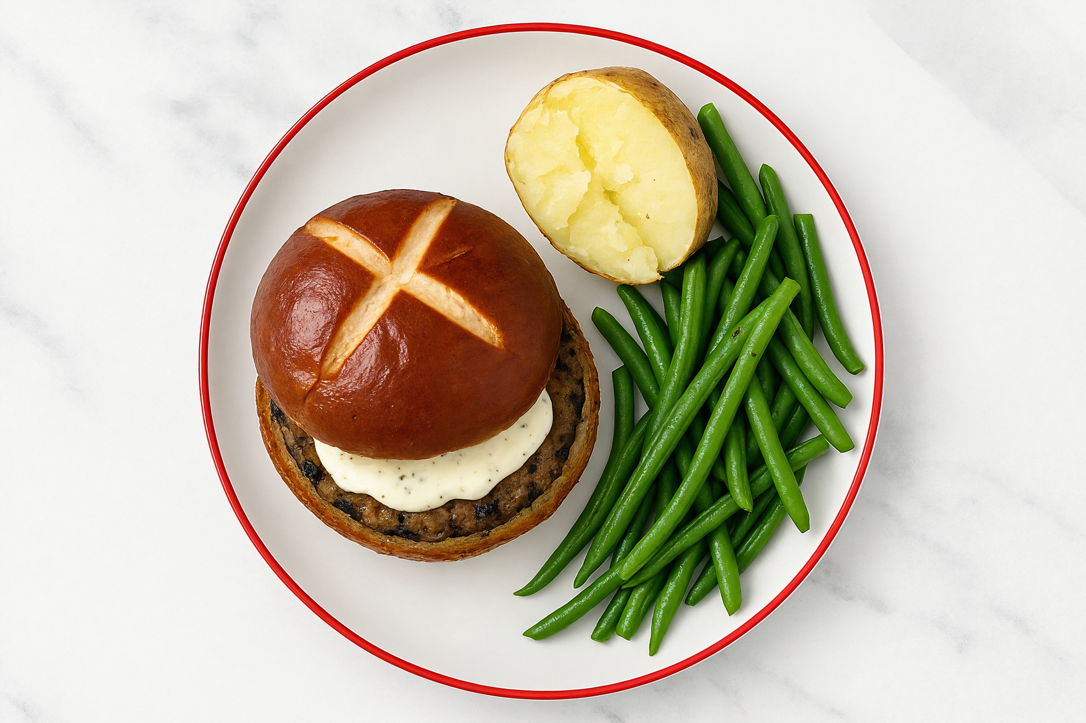 Ranch Black Bean Burger on Pretzel Bun with Green Beans