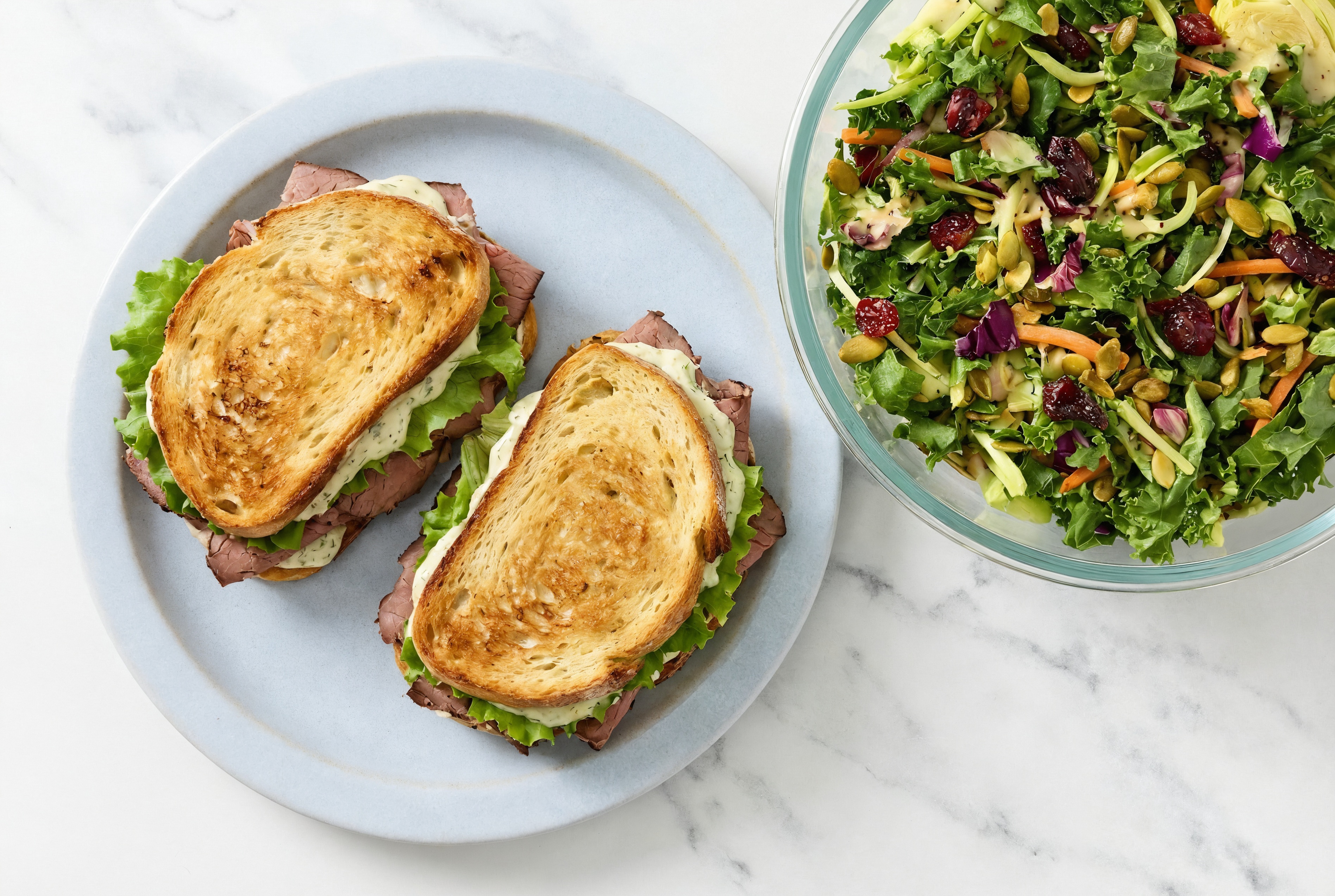Roast Beef Sandwich with Creamy Pickle Sauce + Kale Salad