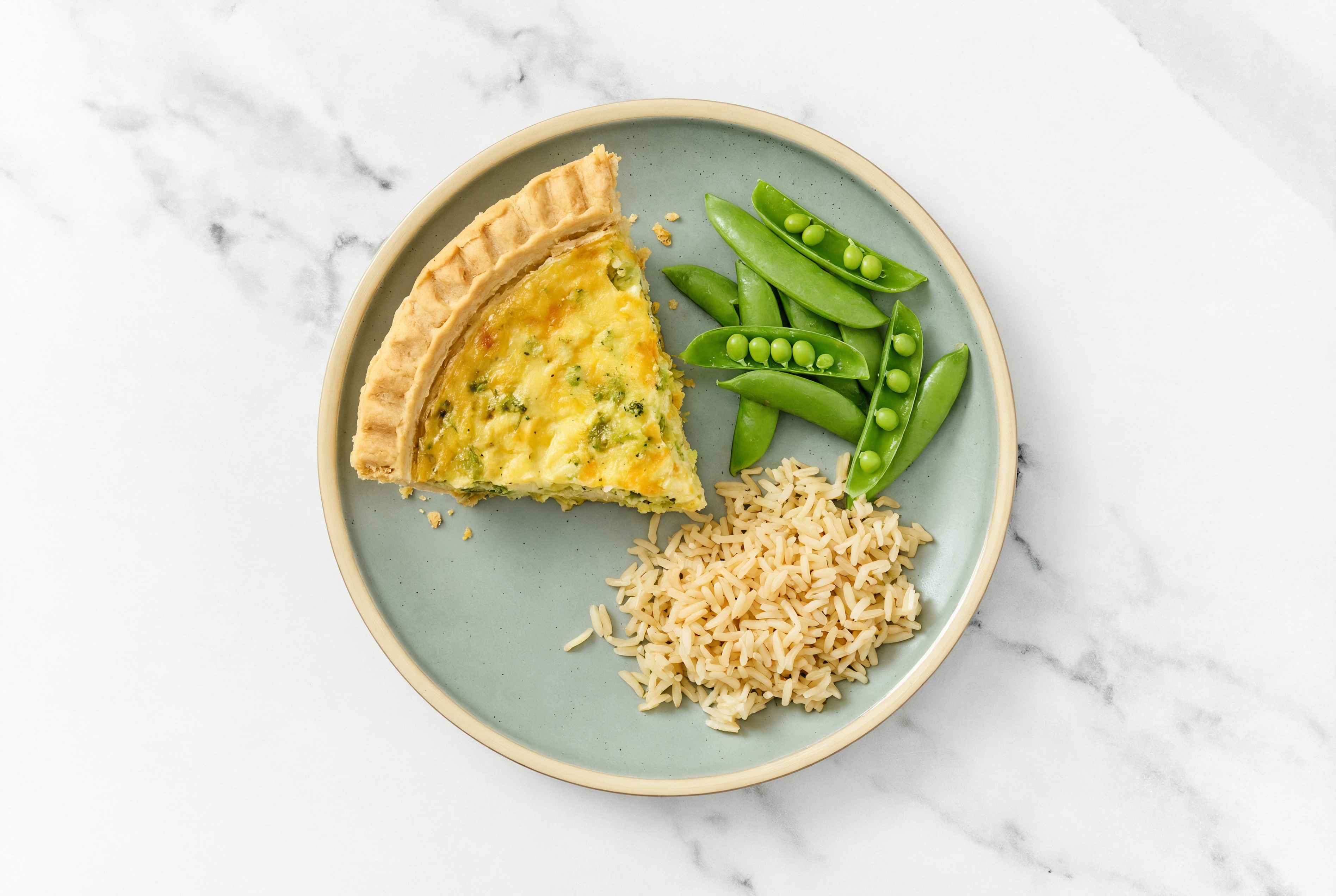 Broccoli & Cheddar Quiche with Snap Peas & Bone Broth Rice
