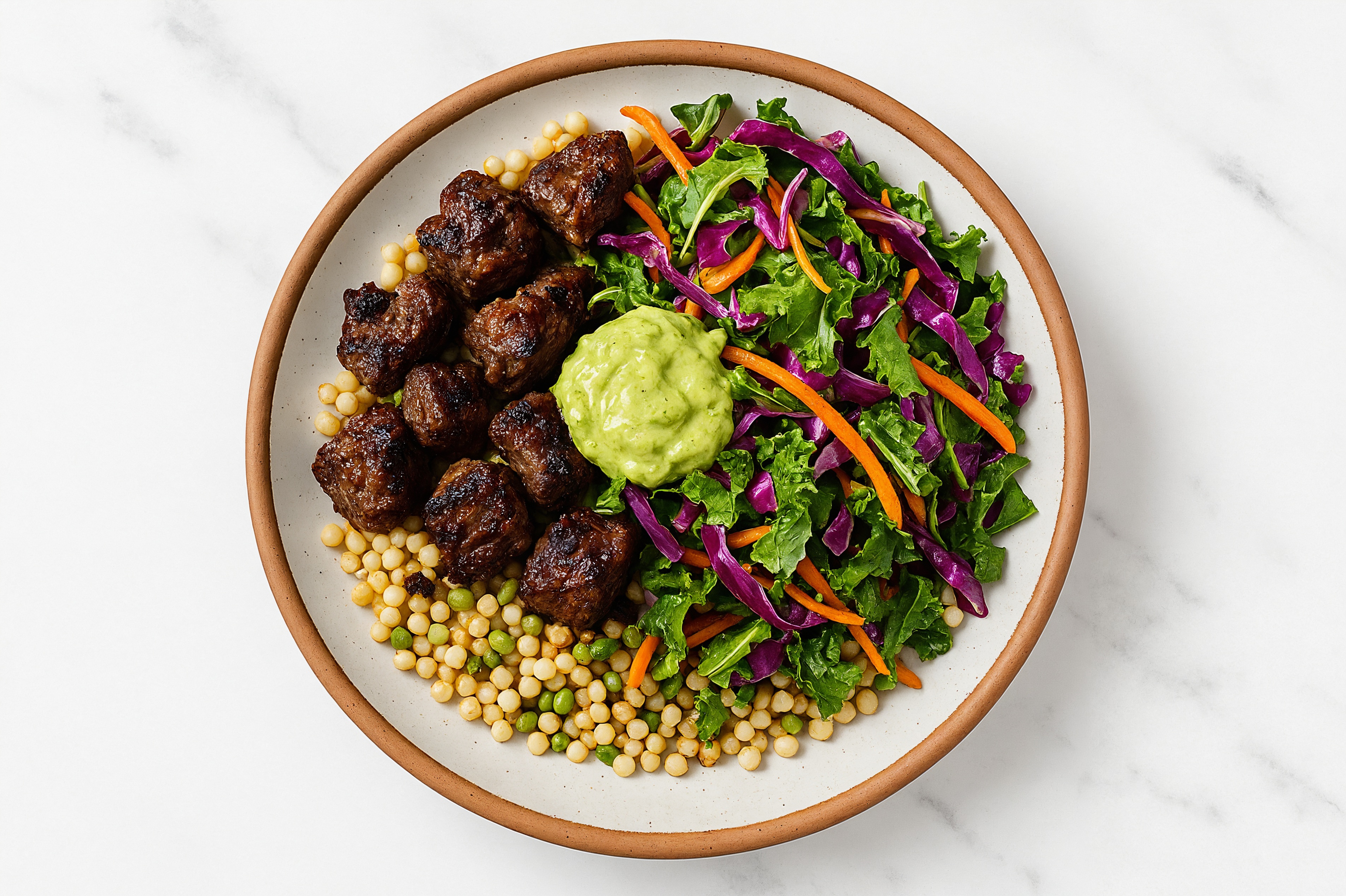 Veggie-Packed Ground Beef Bowl with Rainbow Veggie Mix + Tri-Color Pearled Couscous + Vegan Pesto Aioli