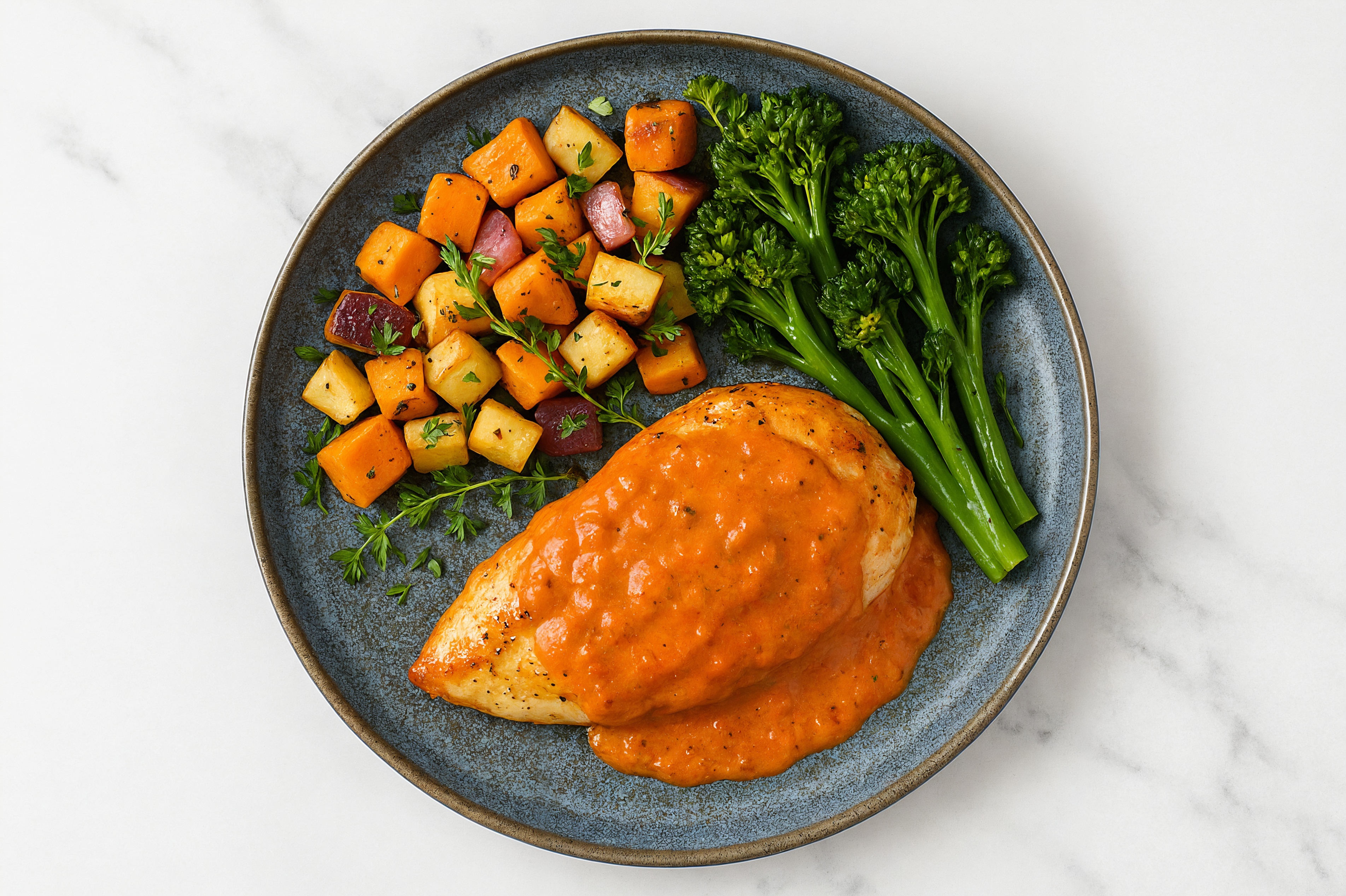 Creamy Vodka Smothered Chicken Breasts with Baby Broccoli & Roasted Vegetables