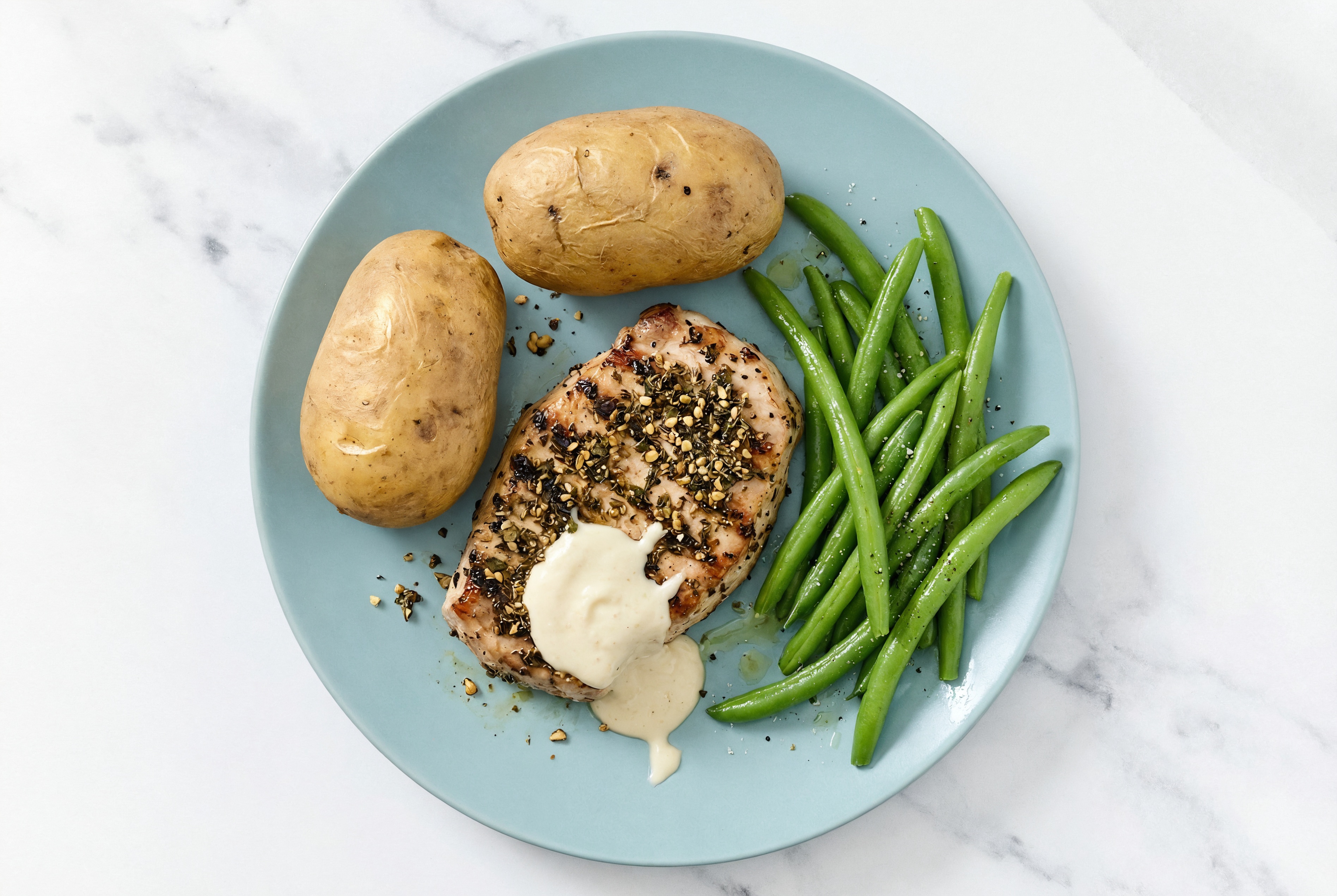 Balsamic Pork Chops with Green Beans + Garlic Roasted Russet Potatoes