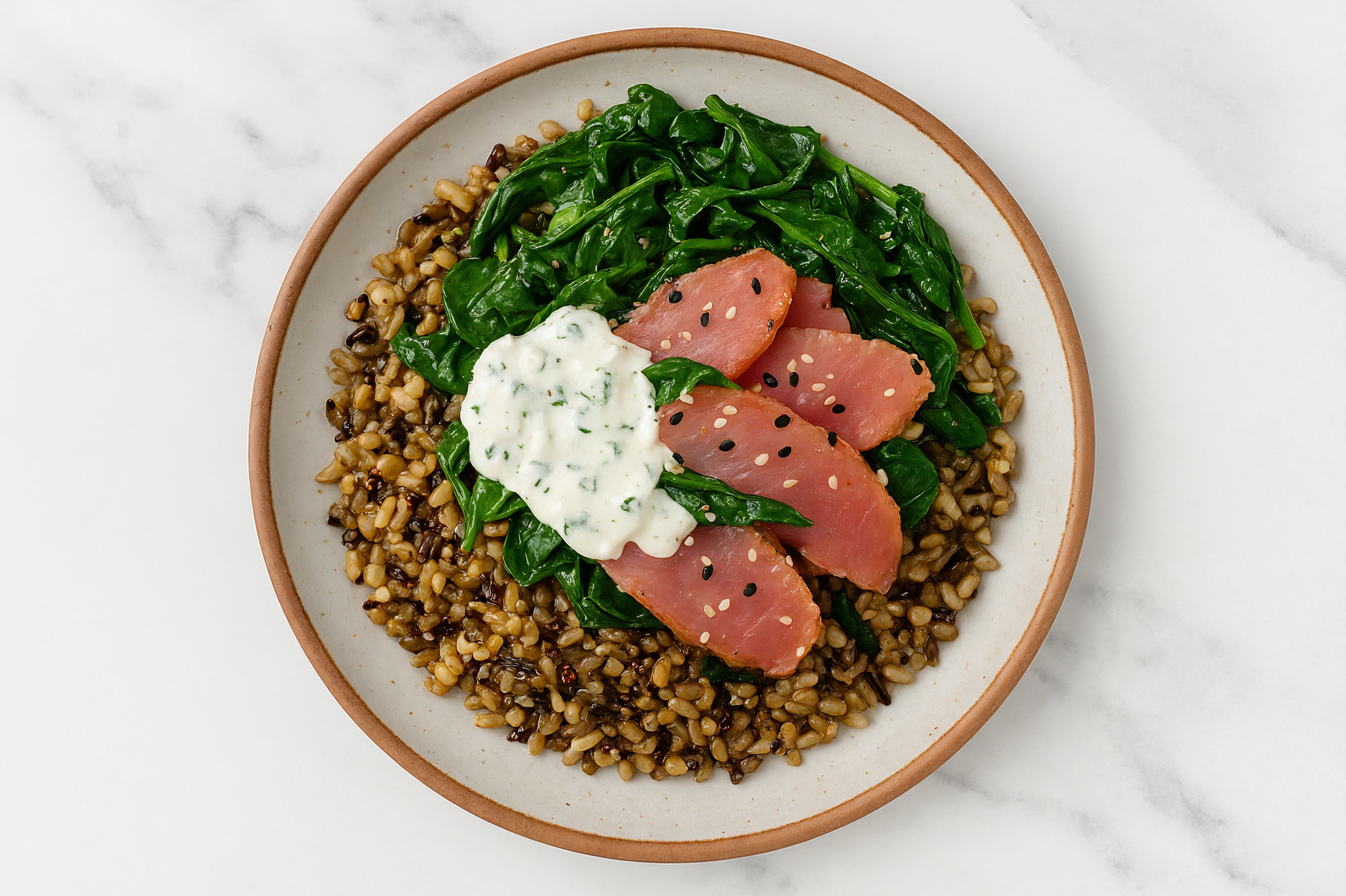 Tuna Seven Grain Bowl with Feta Cucumber Tzatziki Dip & Organic Spinach