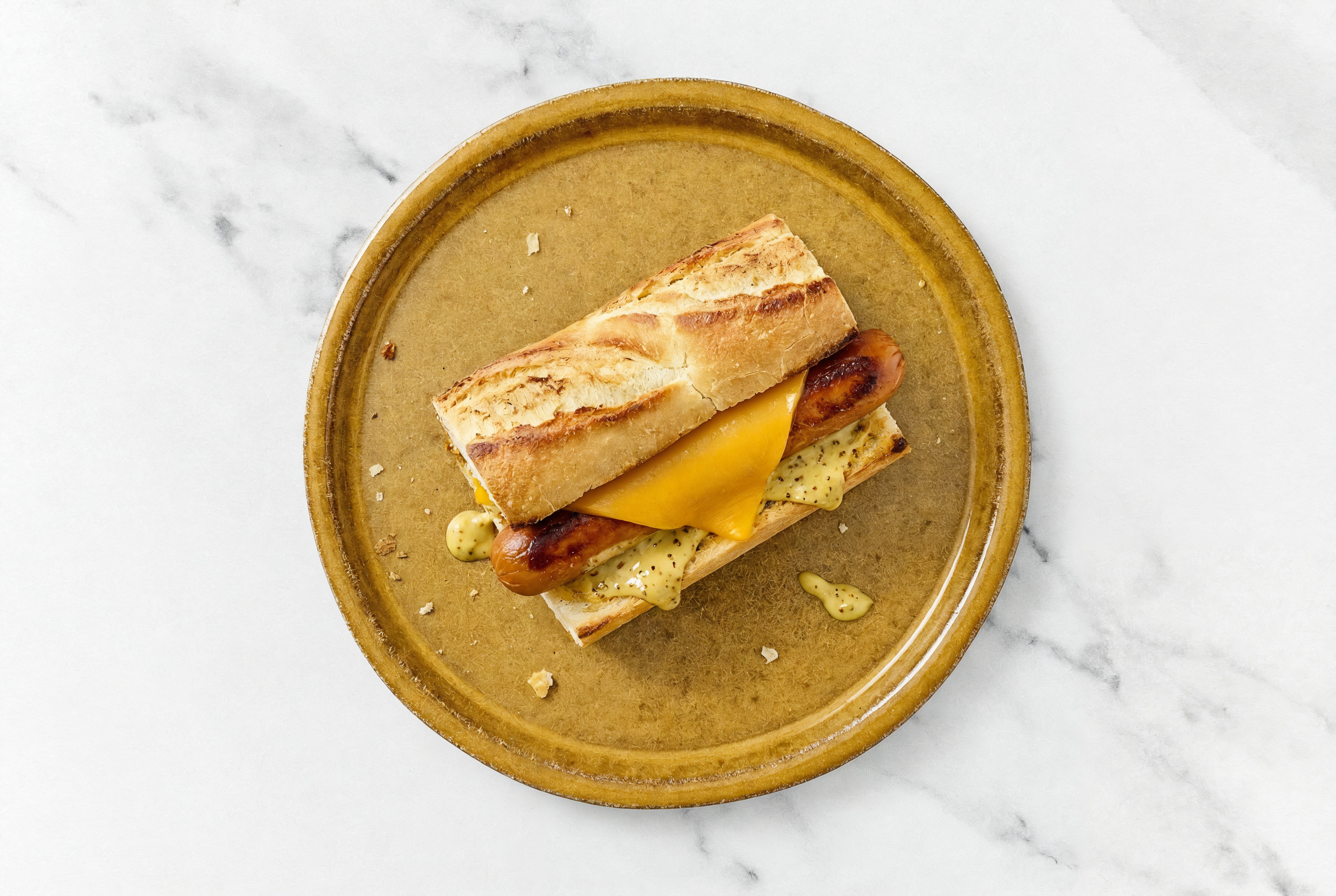 Cheddar Smart Dog with Honey Mustard on Baguette