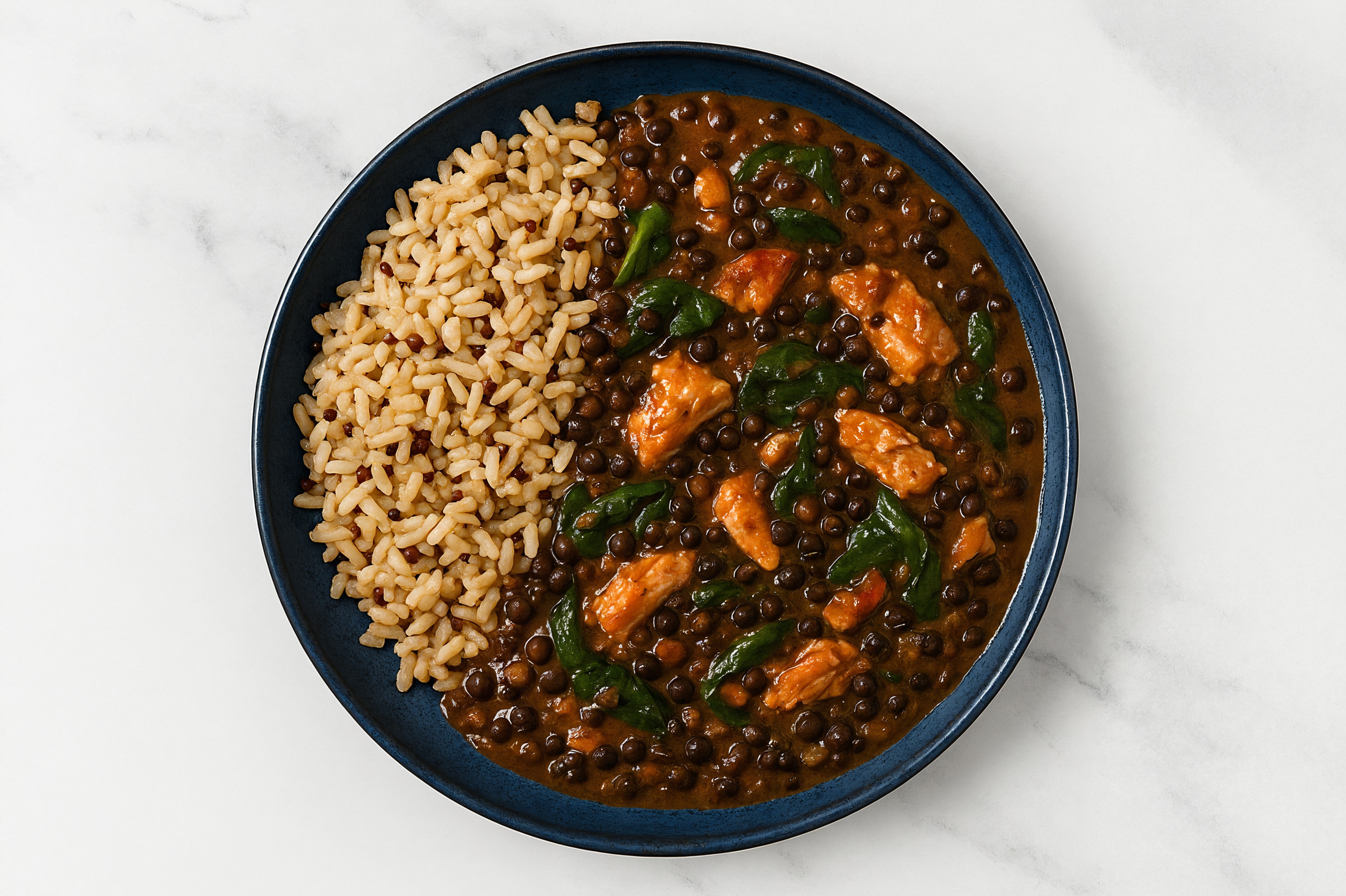 Salmon & Lentil Stew with Spinach & Brown Rice
