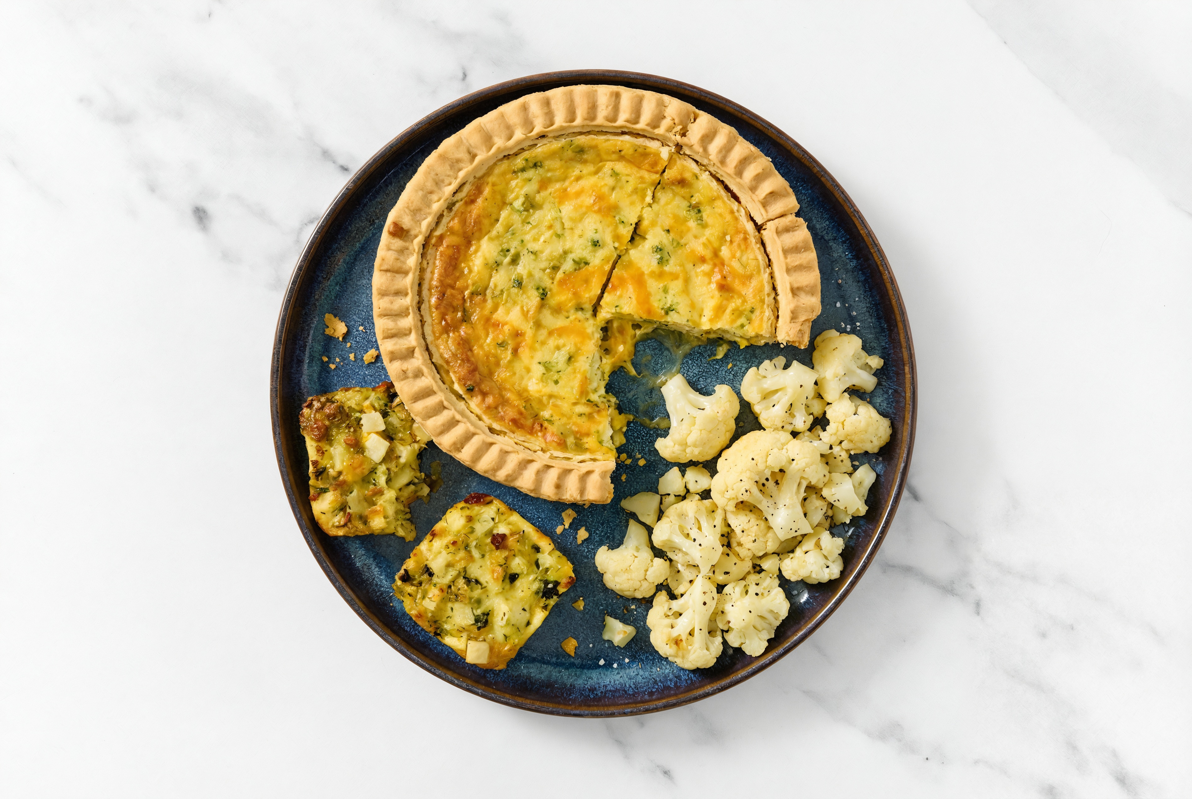 Broccoli & Cheddar Quiche with Cauliflower Florets & Potato Bake