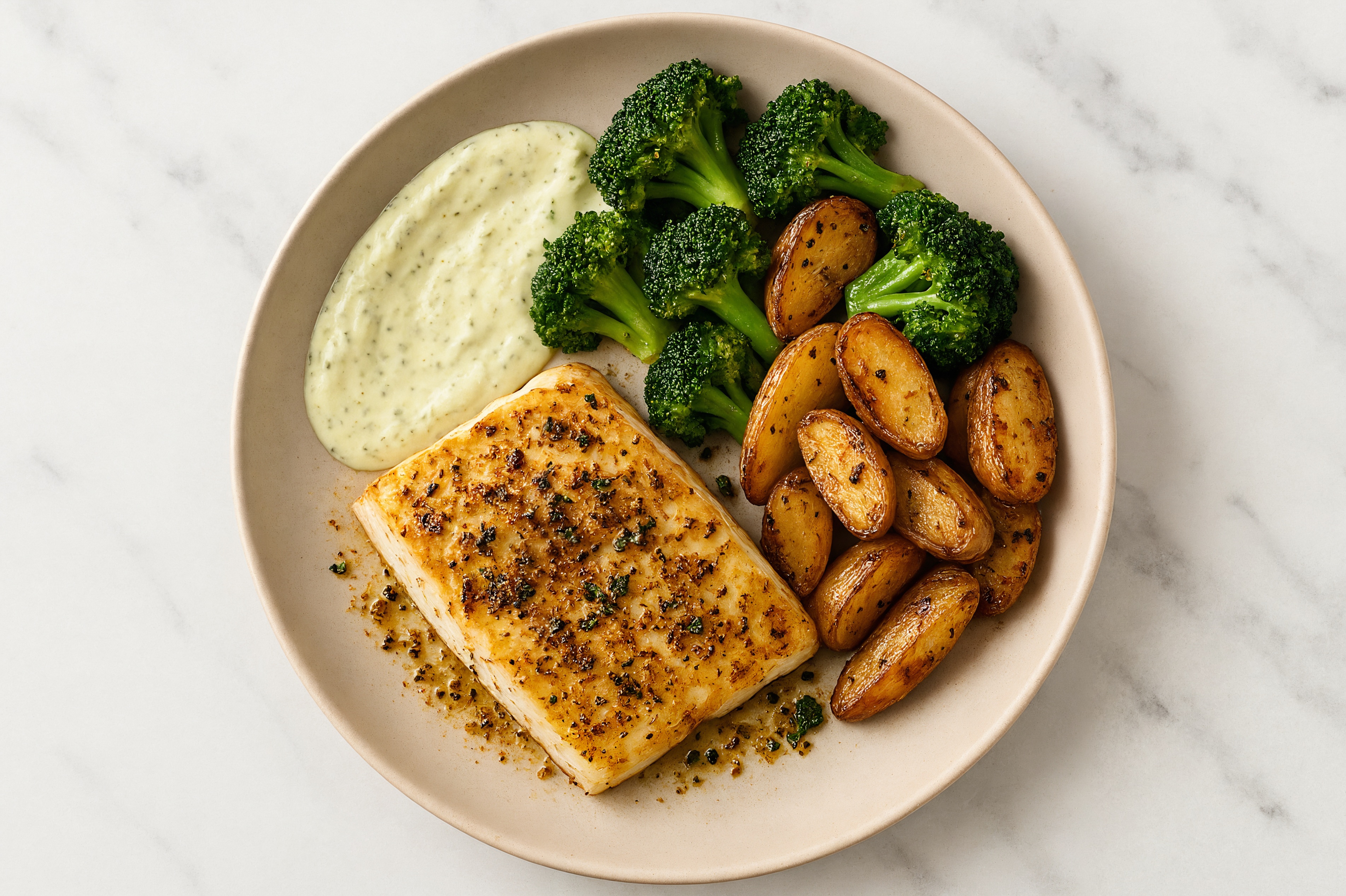 Halibut + Broccoli Bowl with Creamy Garlicky Sauce