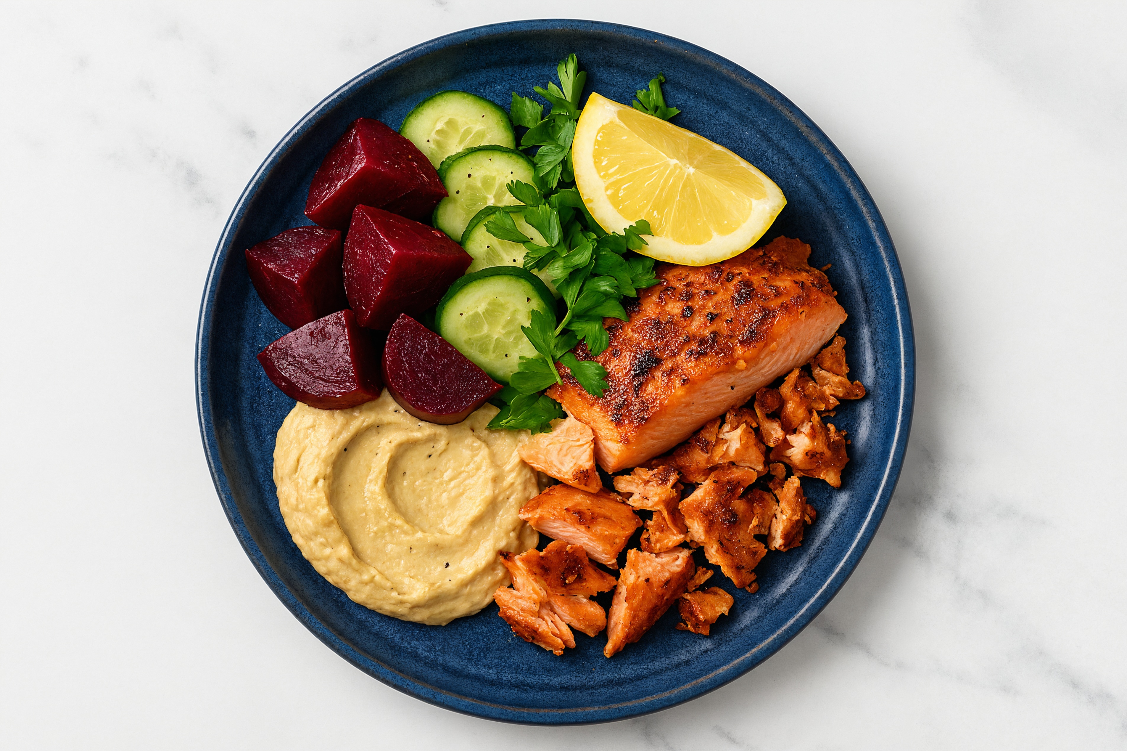Blackened Salmon + Beet French Onion Hummus Bowl