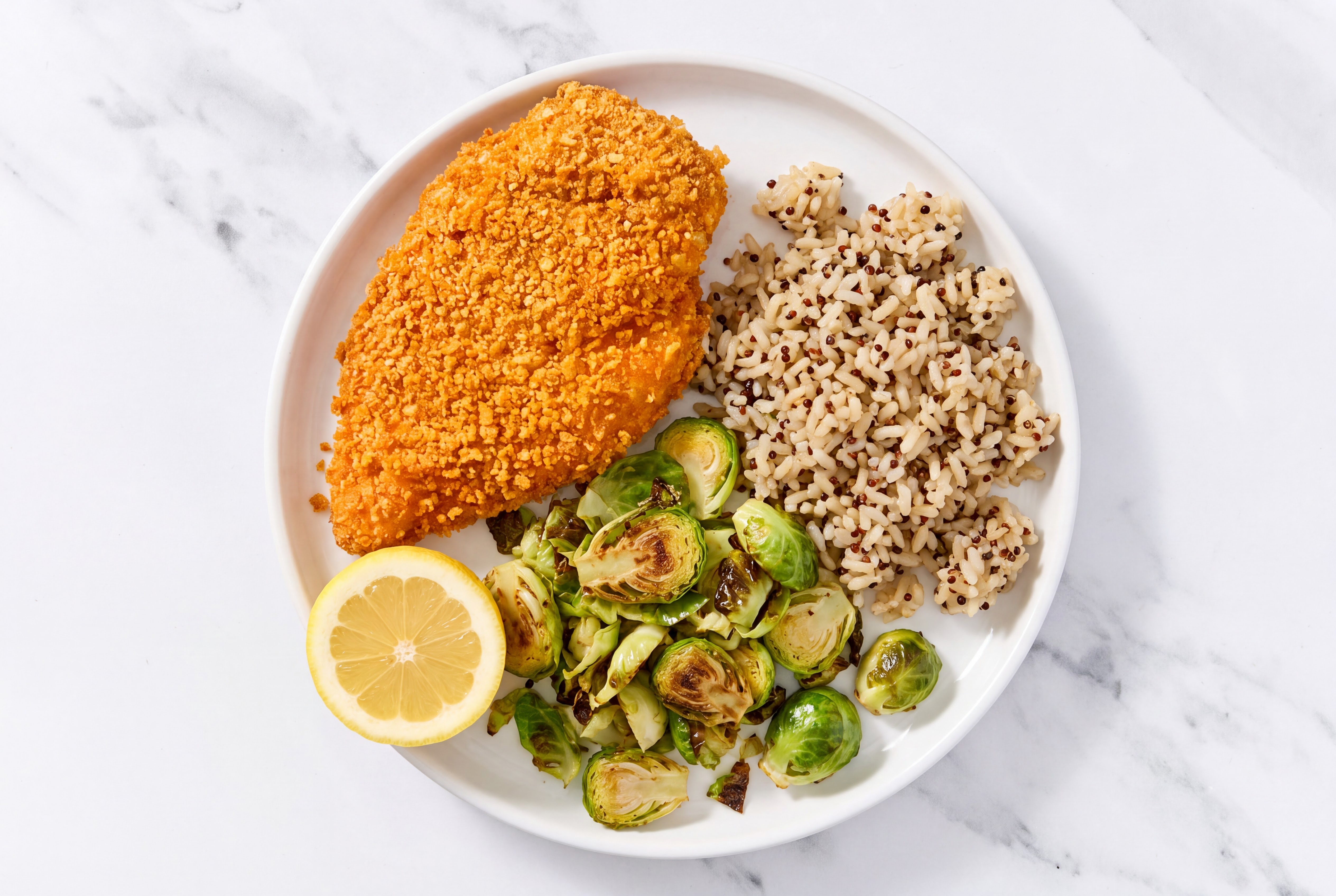 Lemon Hot Honey Breaded Chicken Cutlet with Brussels Sprouts & Brown Rice