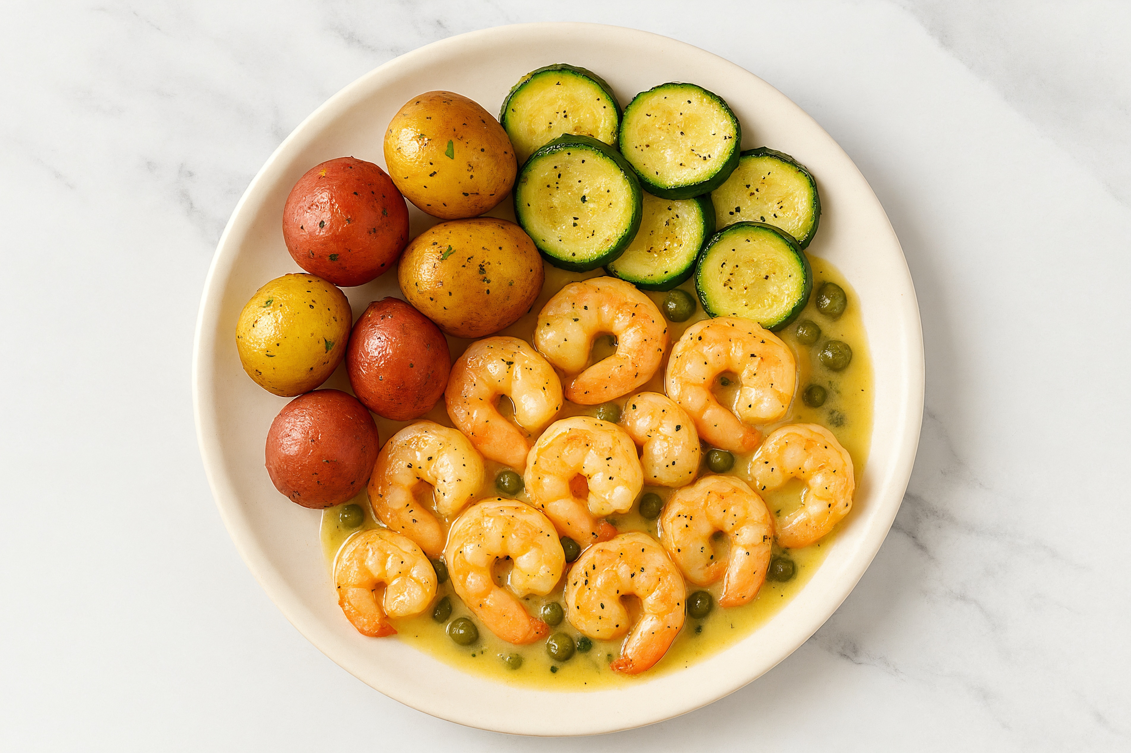 Caper-Slow Churned Lemon & Peppercorn Pasture Butter Shrimp with Creamer Potatoes & Zucchini