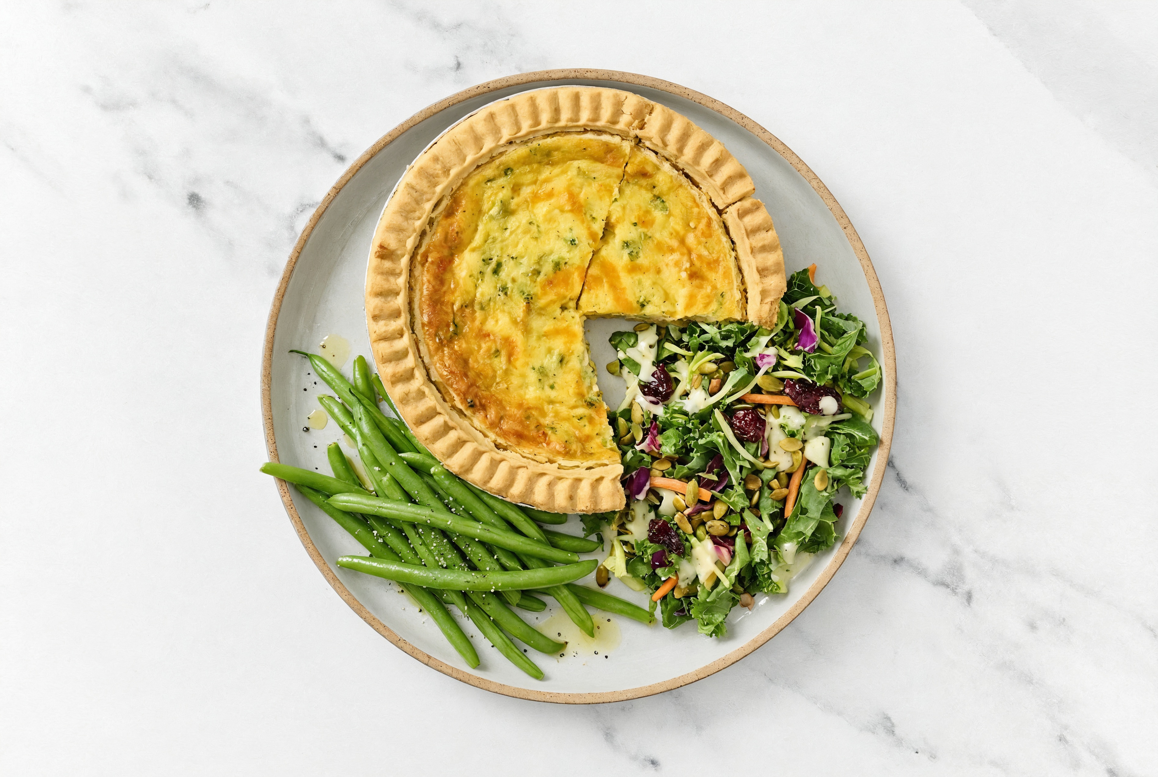 Broccoli & Cheddar Quiche with Green Beans & Kale Salad