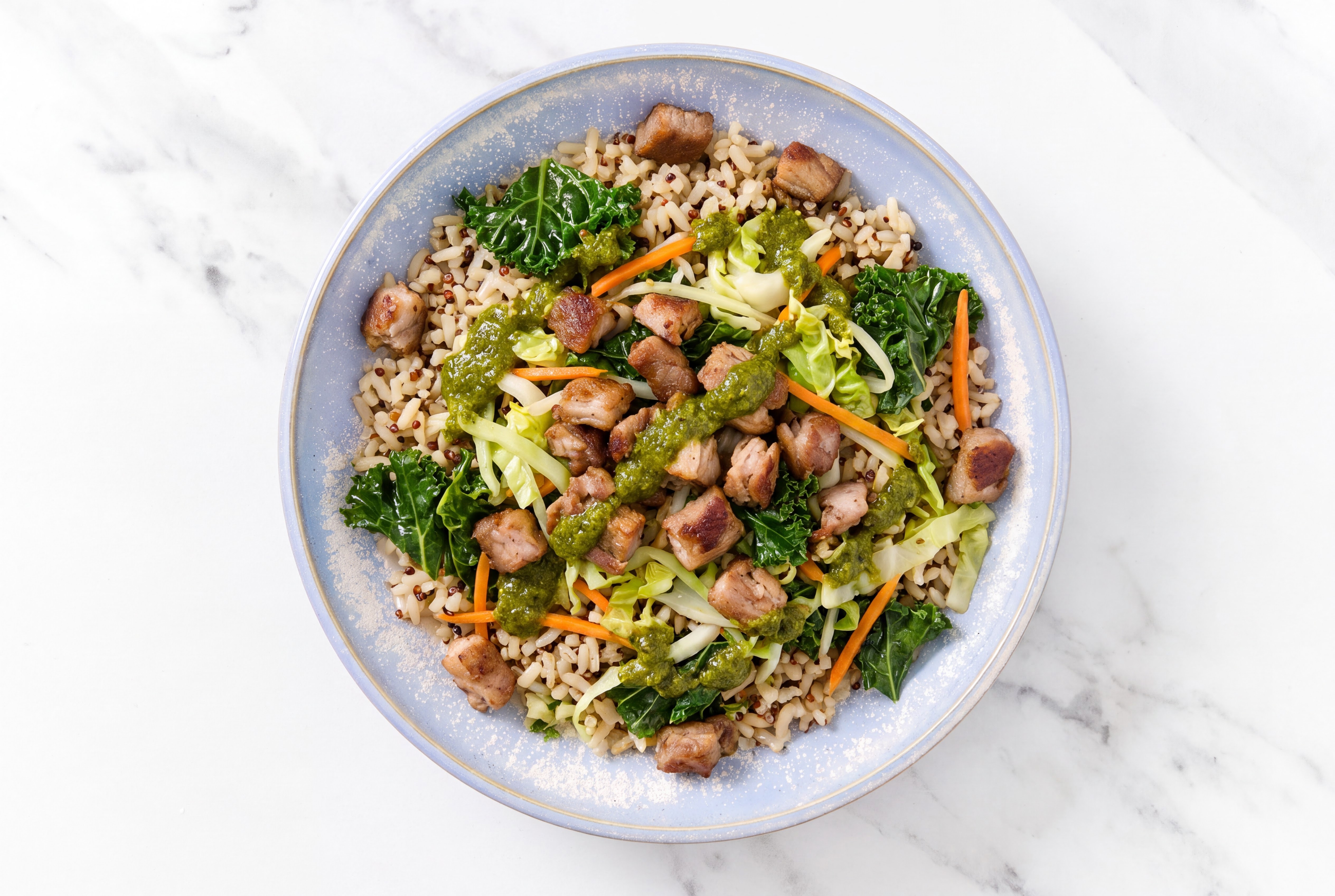 Carnitas Grain Bowl with Superblend Salad & Zhoug with Brown Rice Quinoa Blend