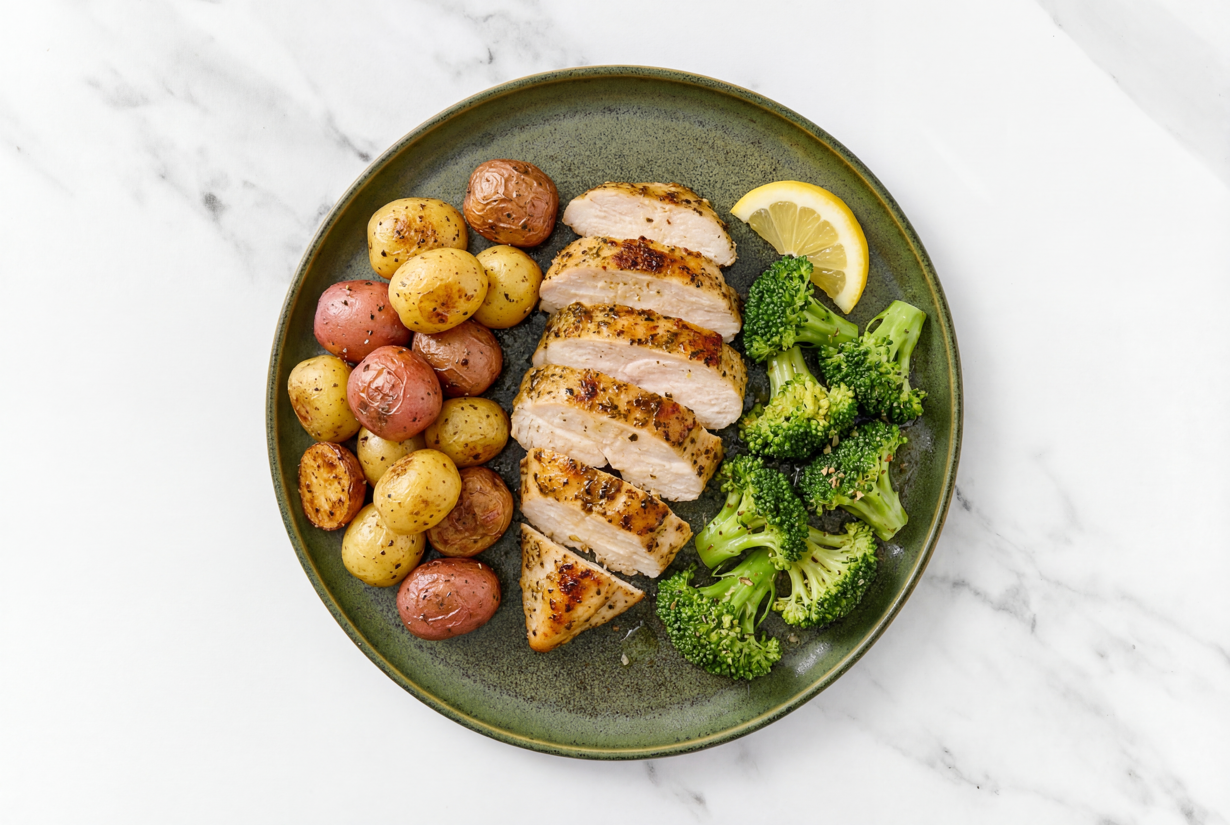 Better-than-TV Dinner with Chicken + Roast Potatoes with Broccoli Florets