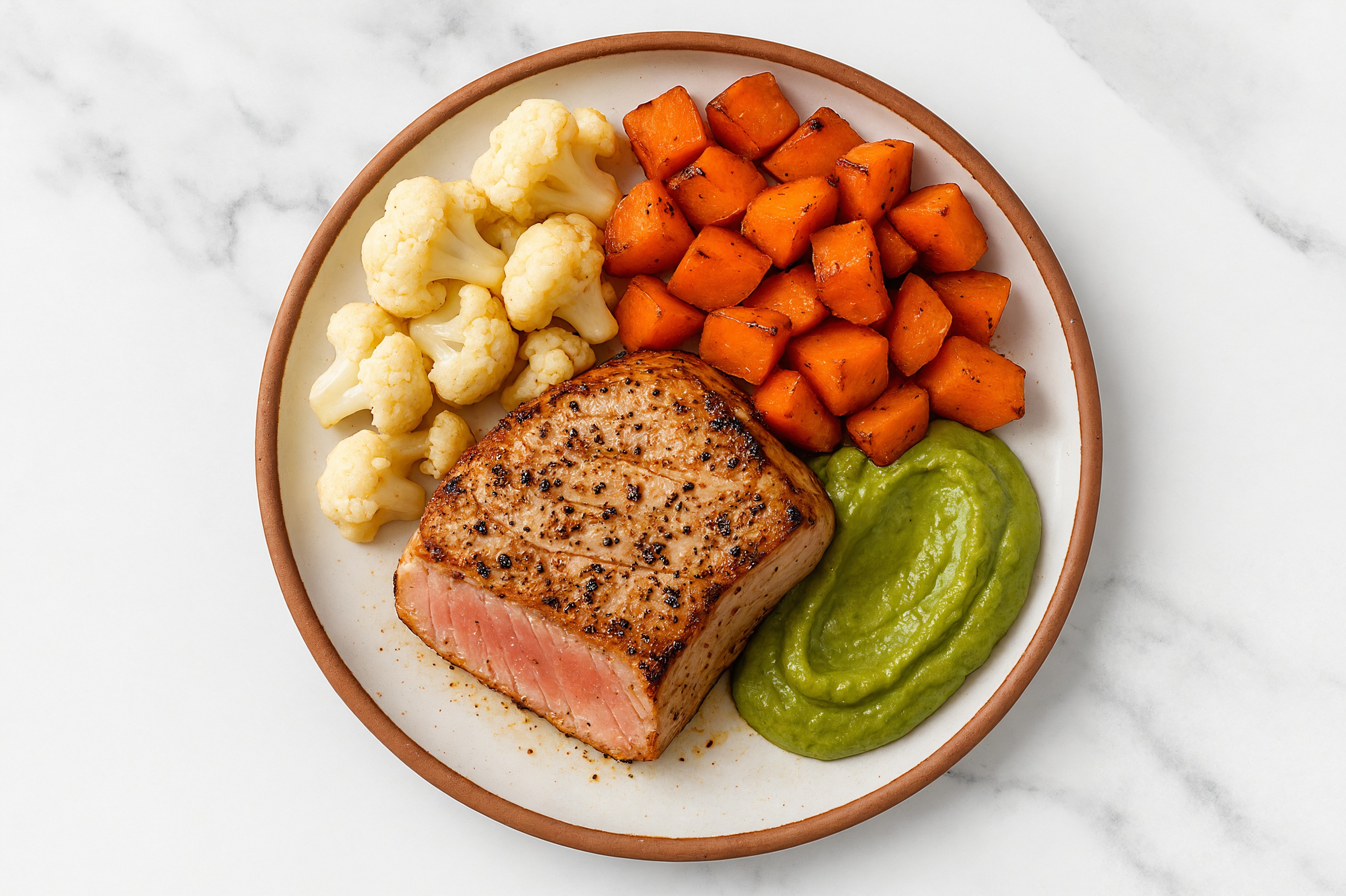 Avocado Tuna Steak with Sweet Potatoes & Cauliflower