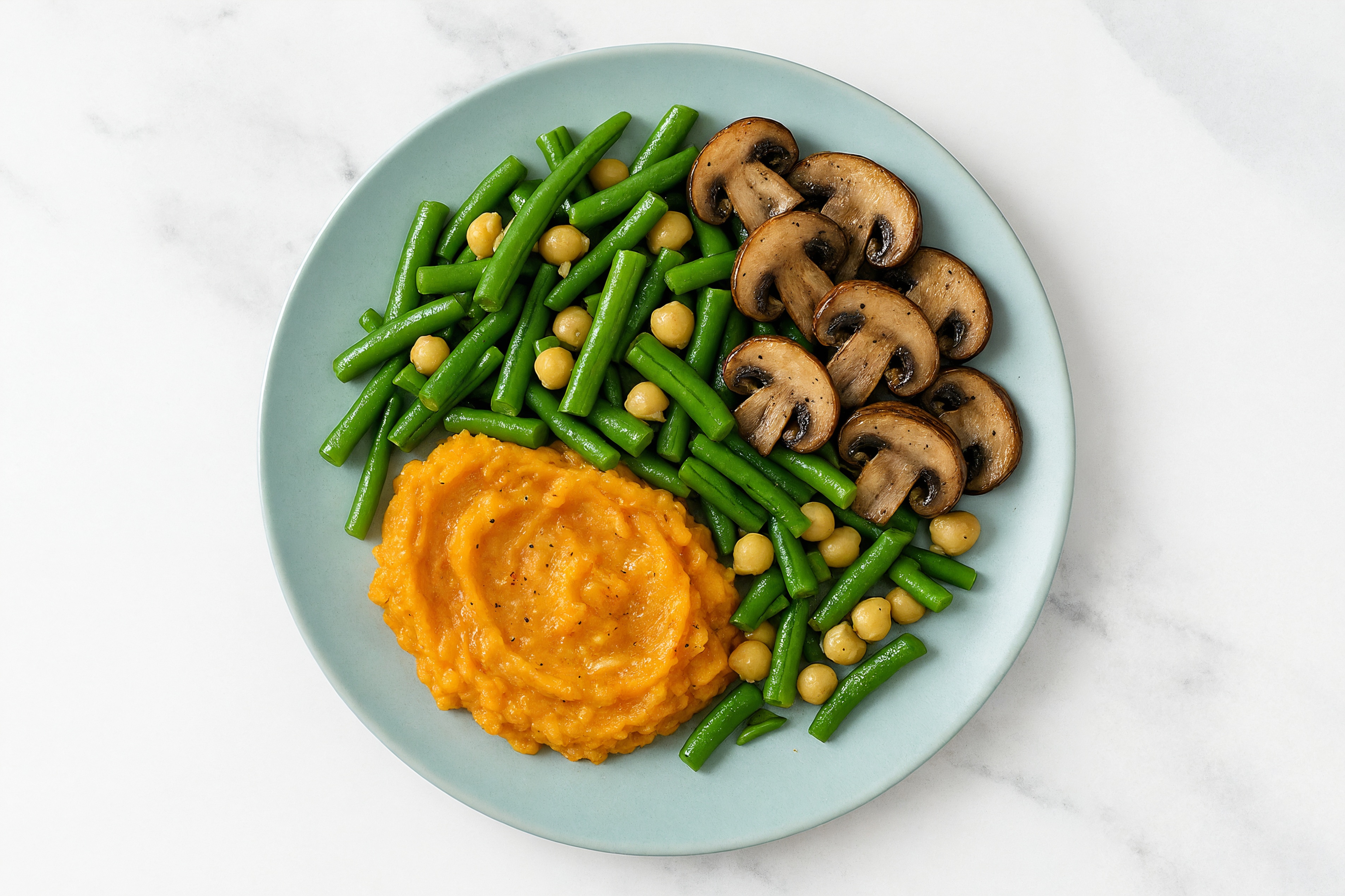 Vegan Sweet Potato Mash with Green Beans, Mushroom + Garbanzo