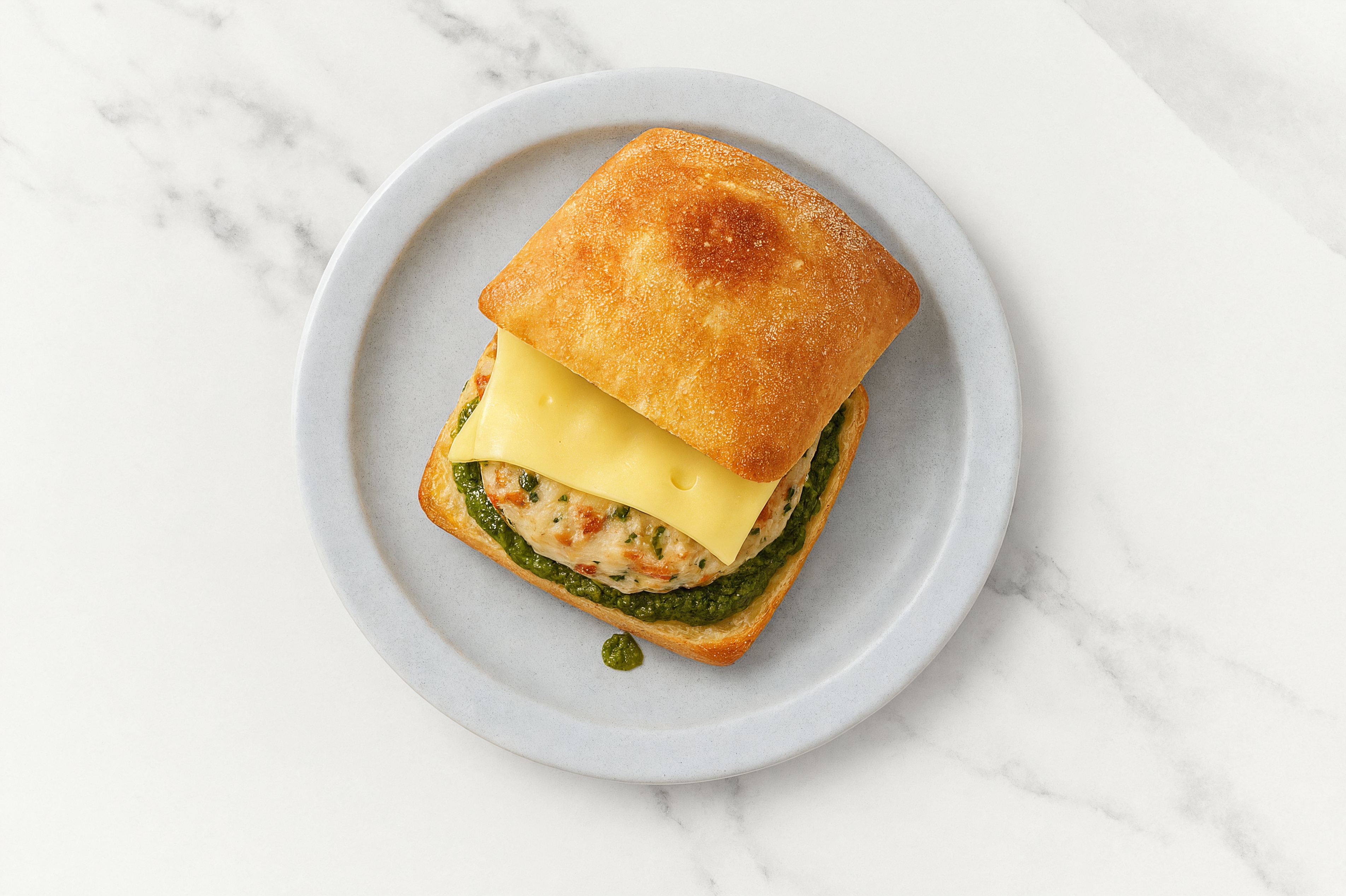 Garlic Chicken Burger on Ciabatta with Spinach Pesto & Swiss