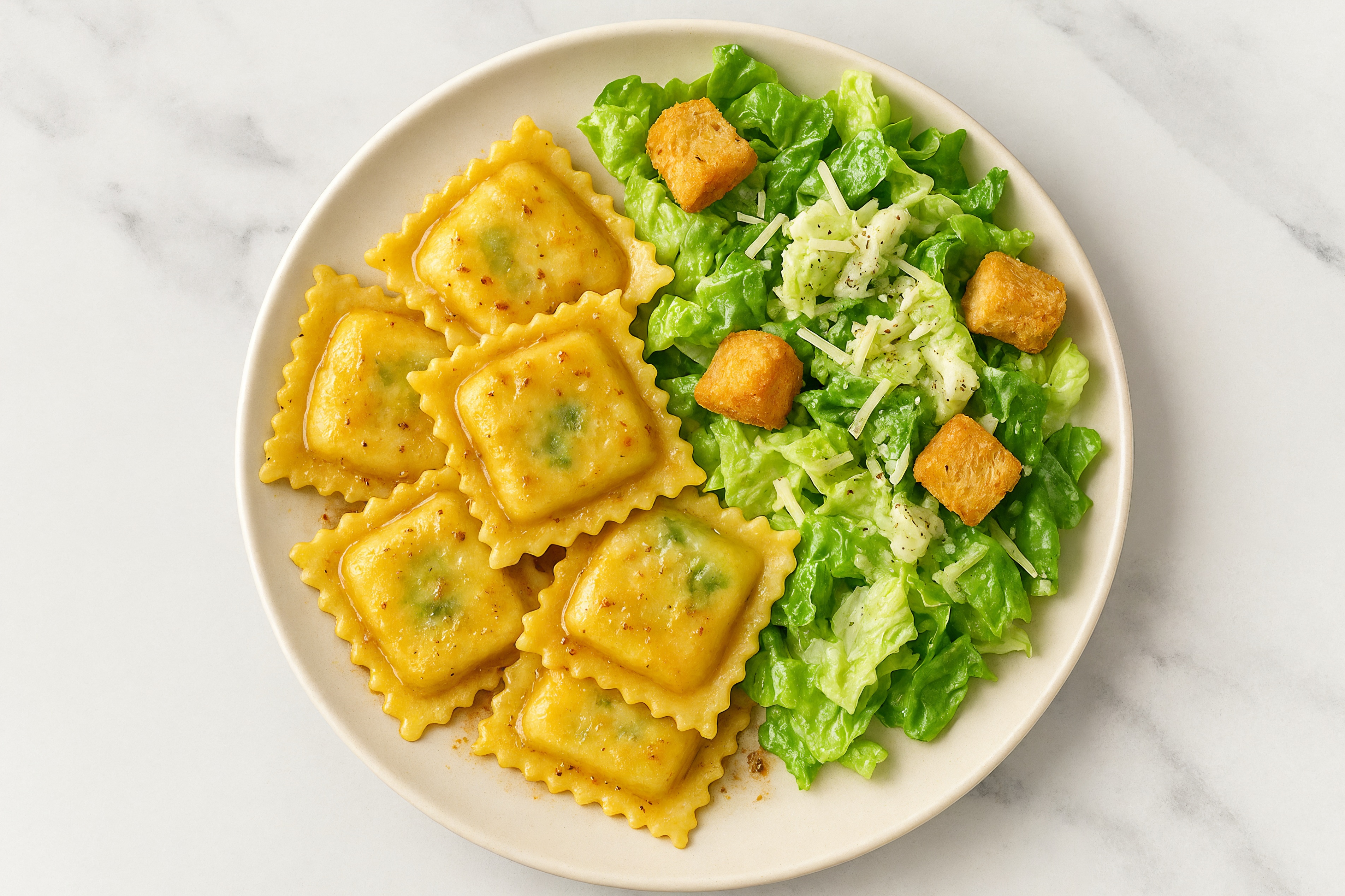  Brown Slow Churned Lemon & Peppercorn Pasture Butter Spinach Ricotta Ravioli + Caesar Side Salad
