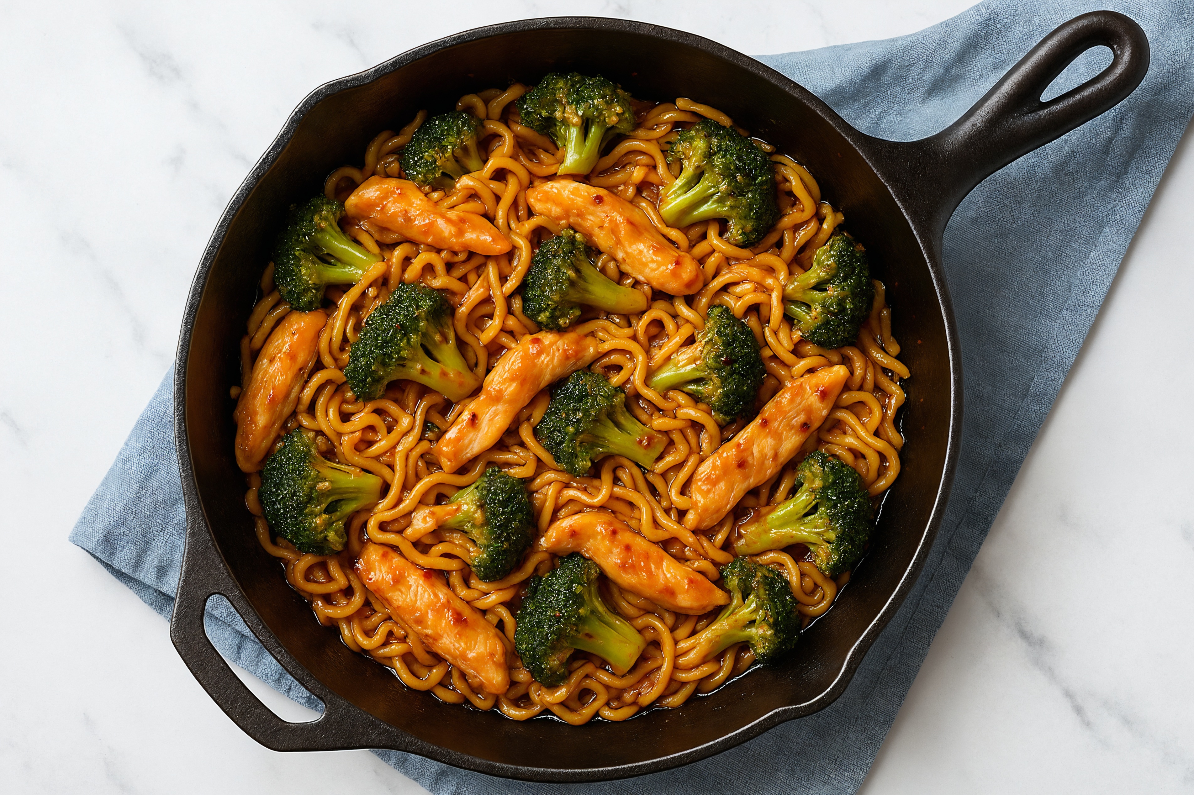Herby Sweet Chili Chicken Ramen Noodles with Broccoli Florets