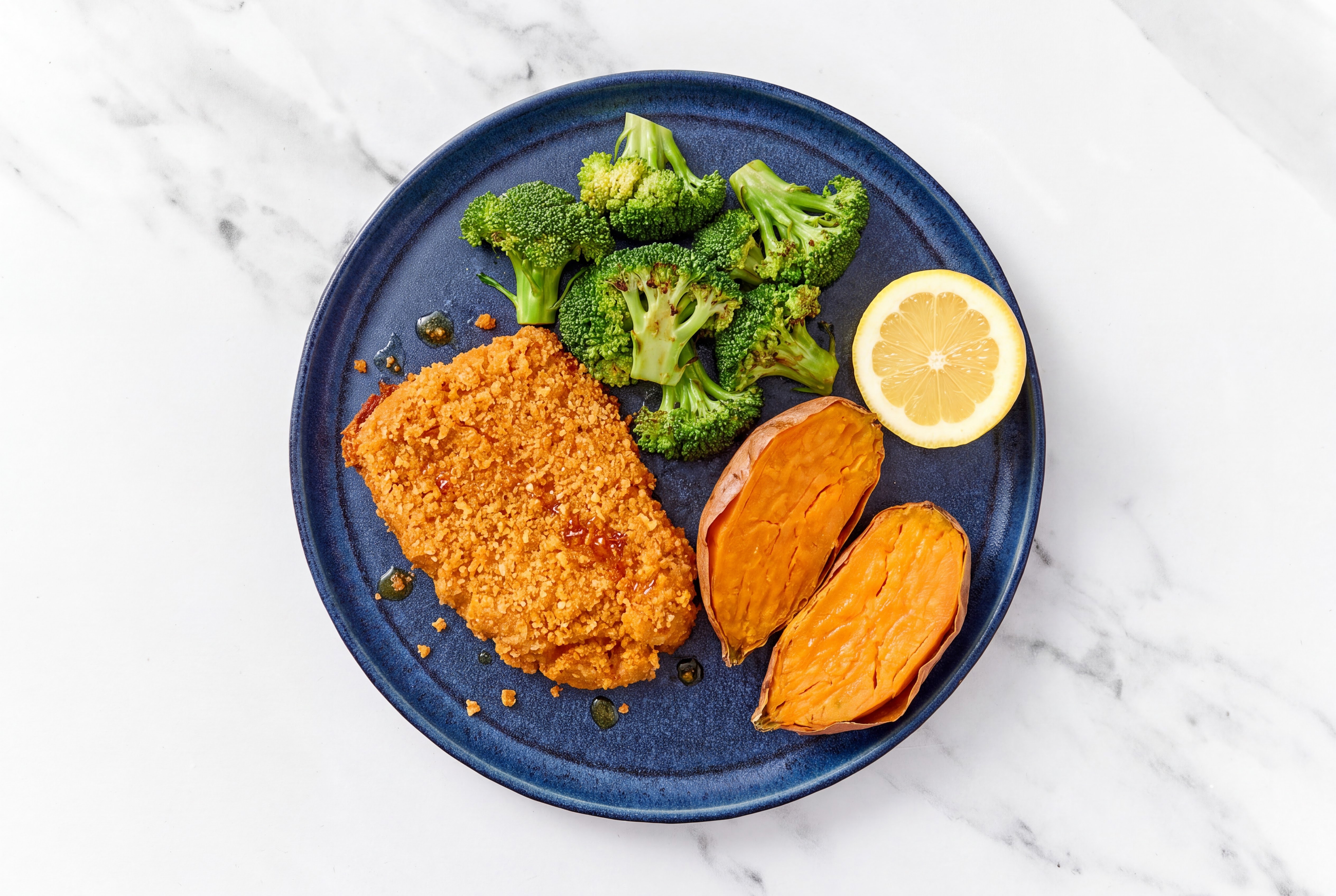 Lemon Hot Honey Breaded Chicken Cutlet with Broccoli & Sweet Potato