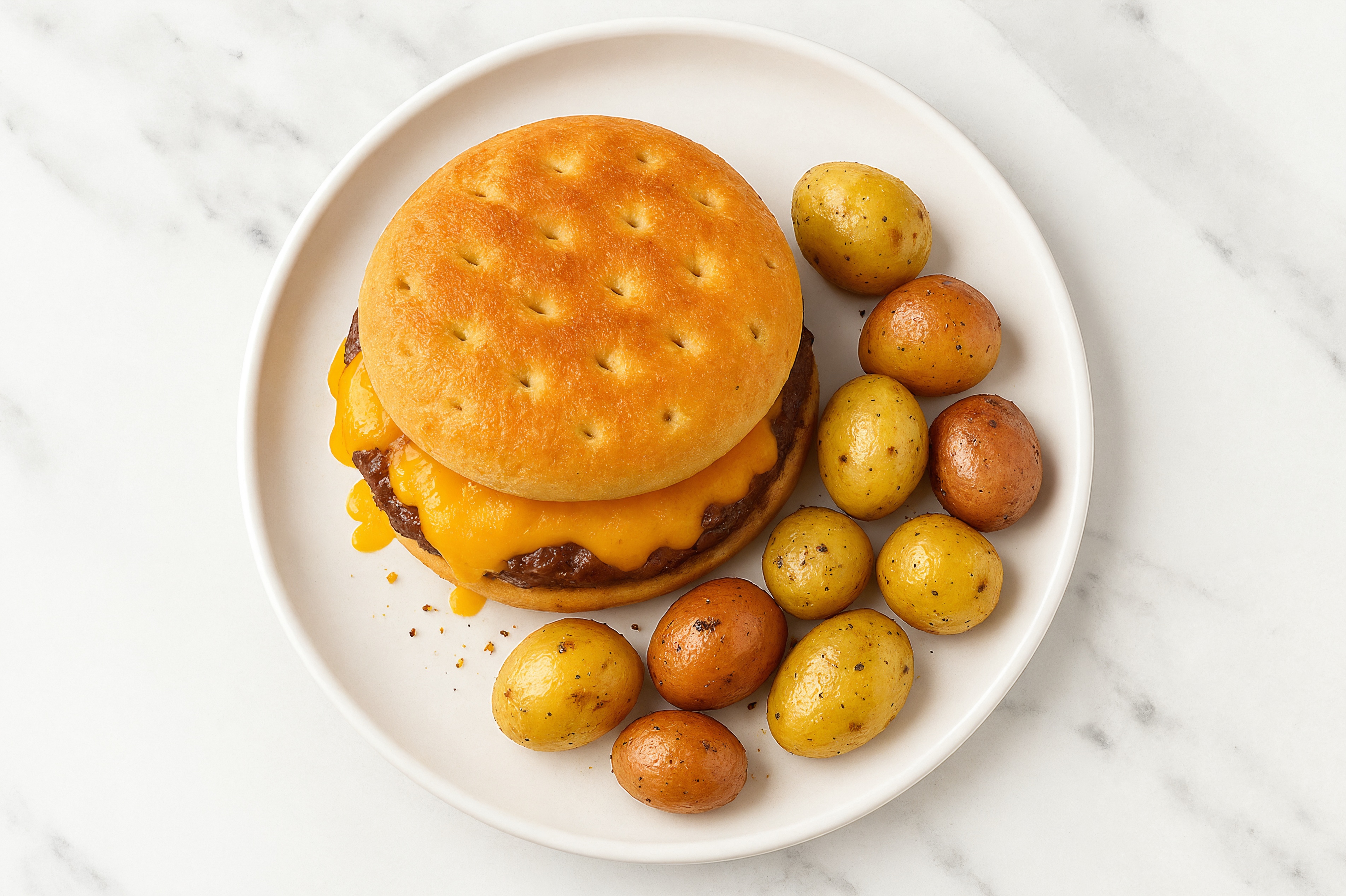 Brioche Cheeseburger + Crispy Potatoes with Ground Beef Patties