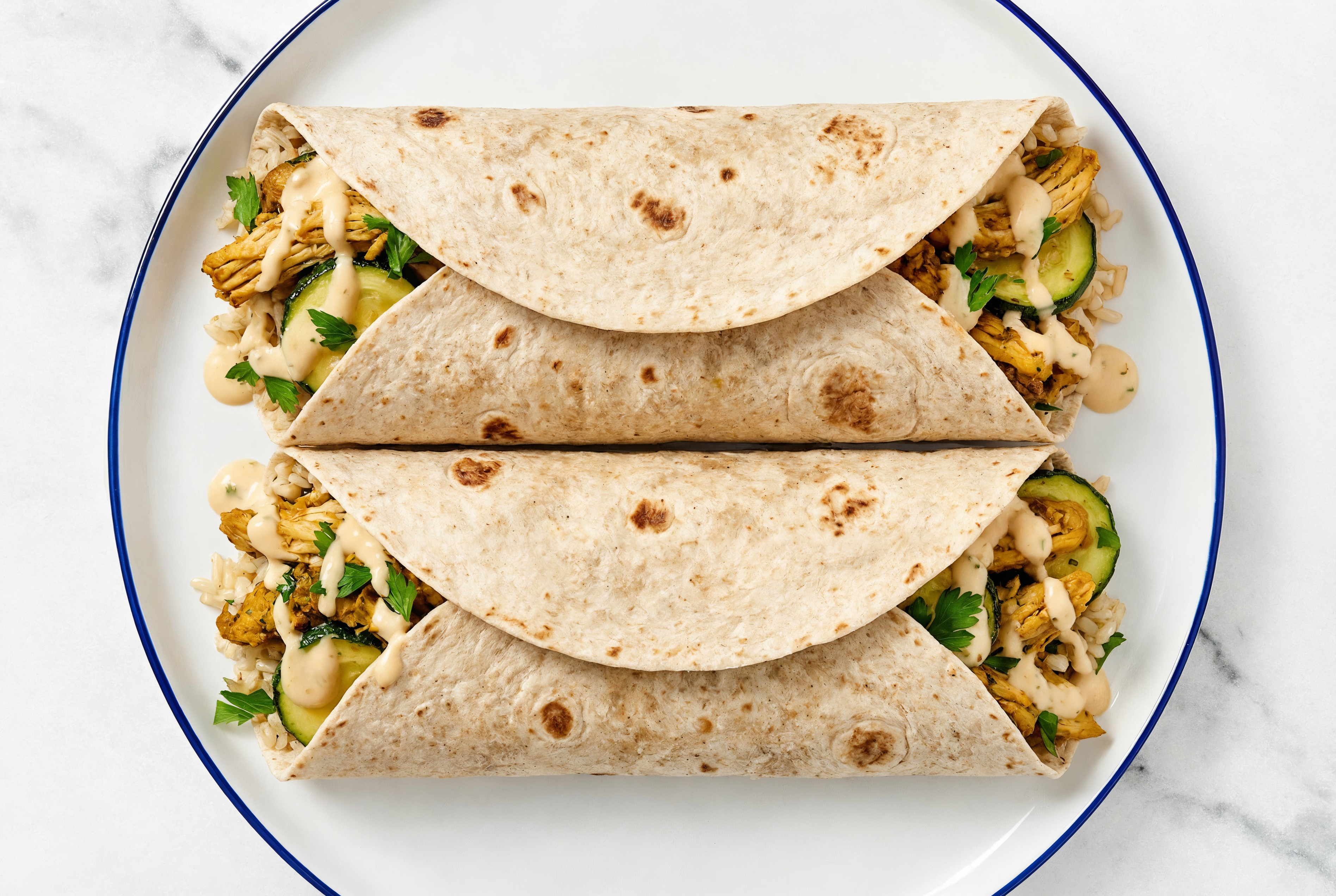 Big Mediterranean Wrap with Shawarma, Sauce, Brown Rice + Zucchini