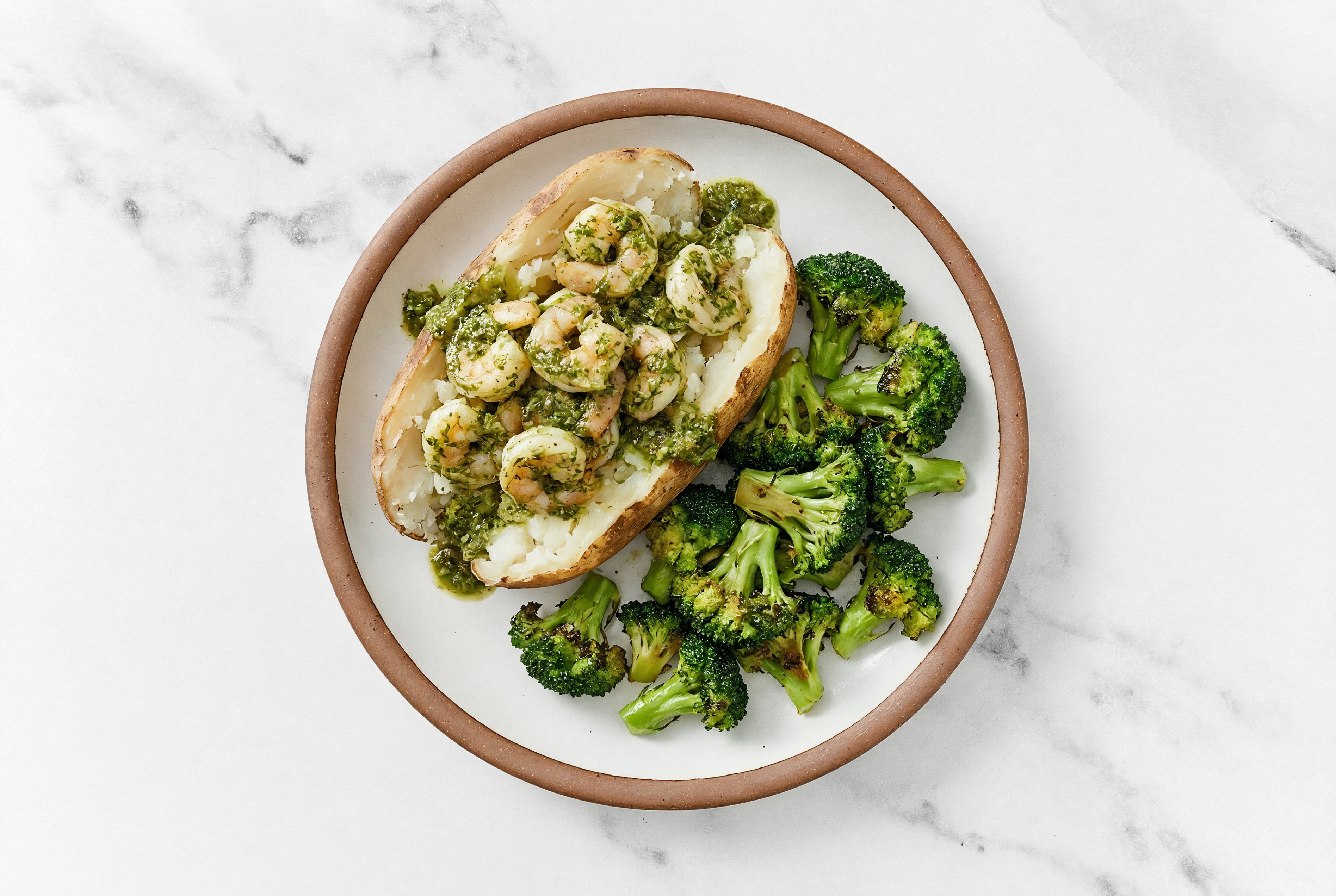 Chimichurri Medium Cooked Shrimp with Broccoli Bunches + Russet Microwave-Ready Potato