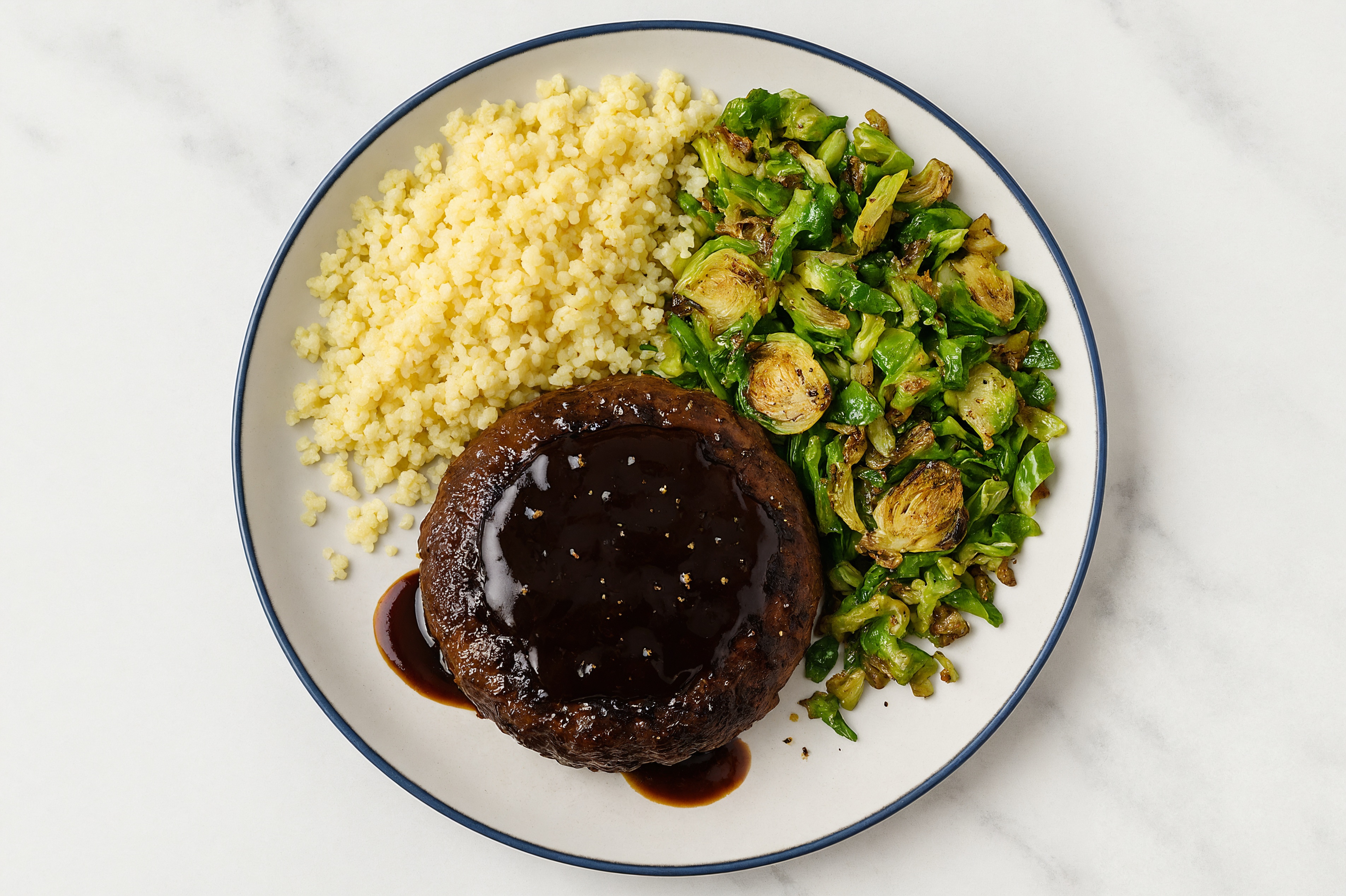 Japanese BBQ Tavern Burgers with Couscous + Shaved Brussels