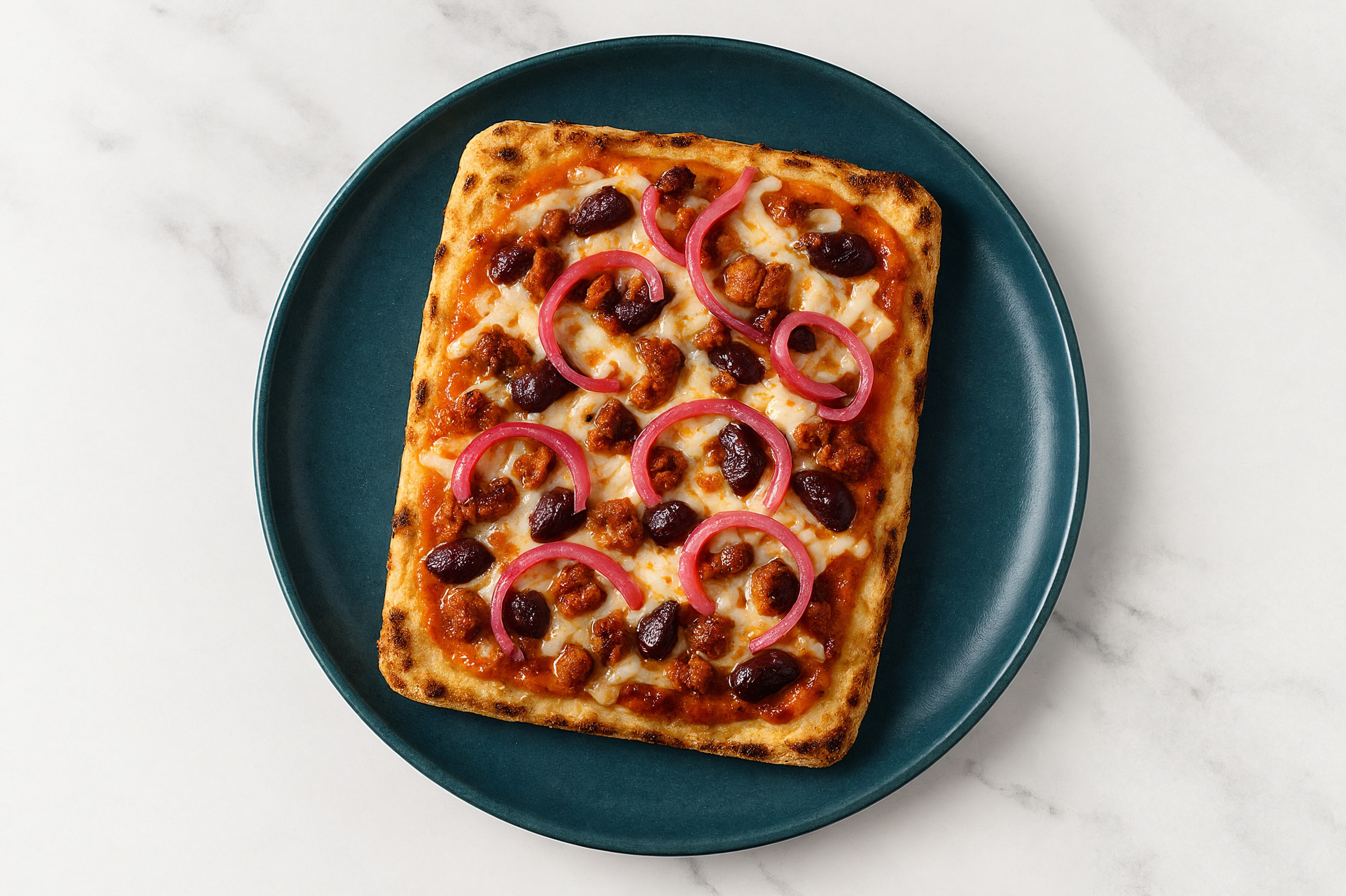 Creamy Turkey Sausage + Olives Pizza with Pickled Onion