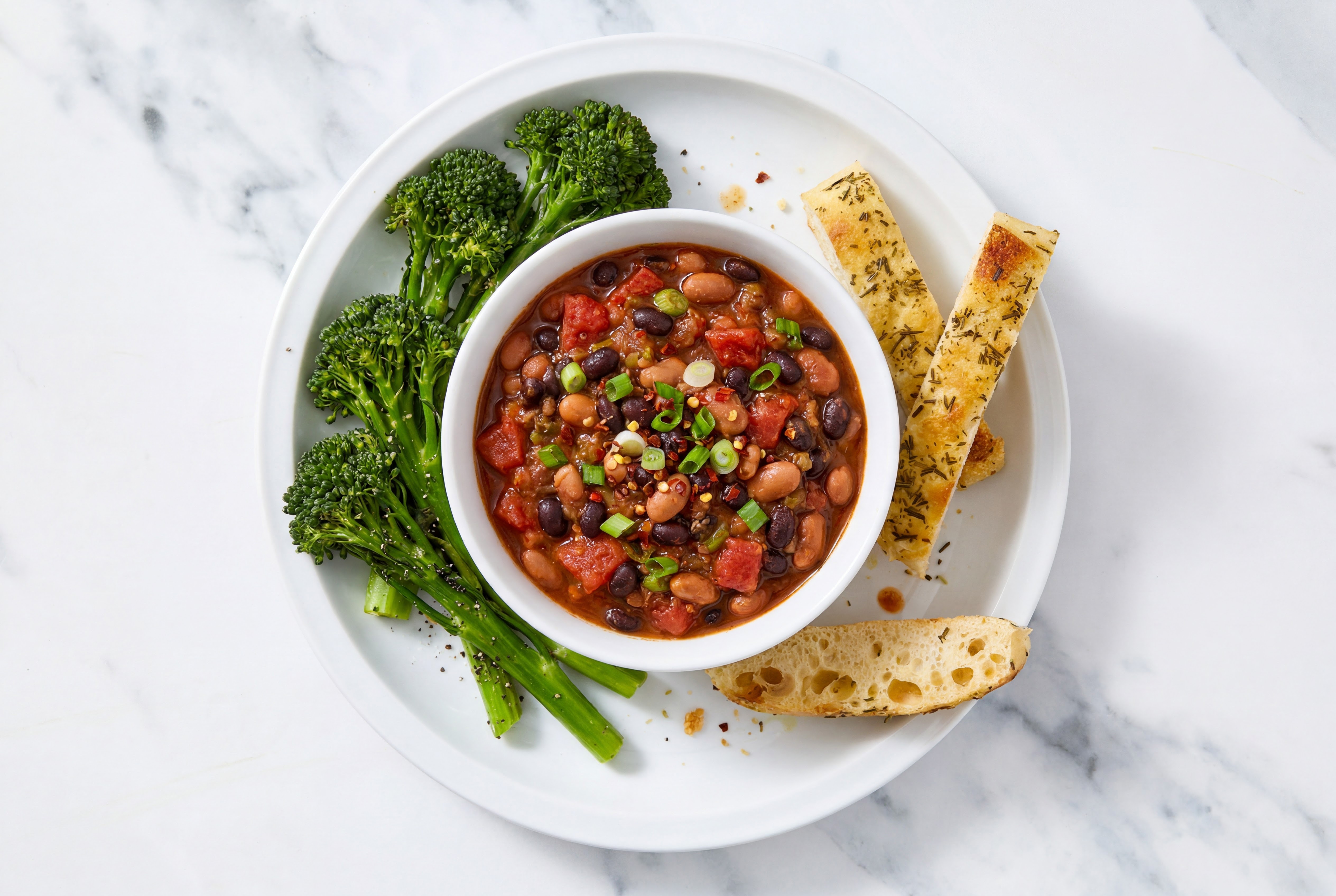 Homestyle Lentil Chili with Baby Broccoli + Focaccia