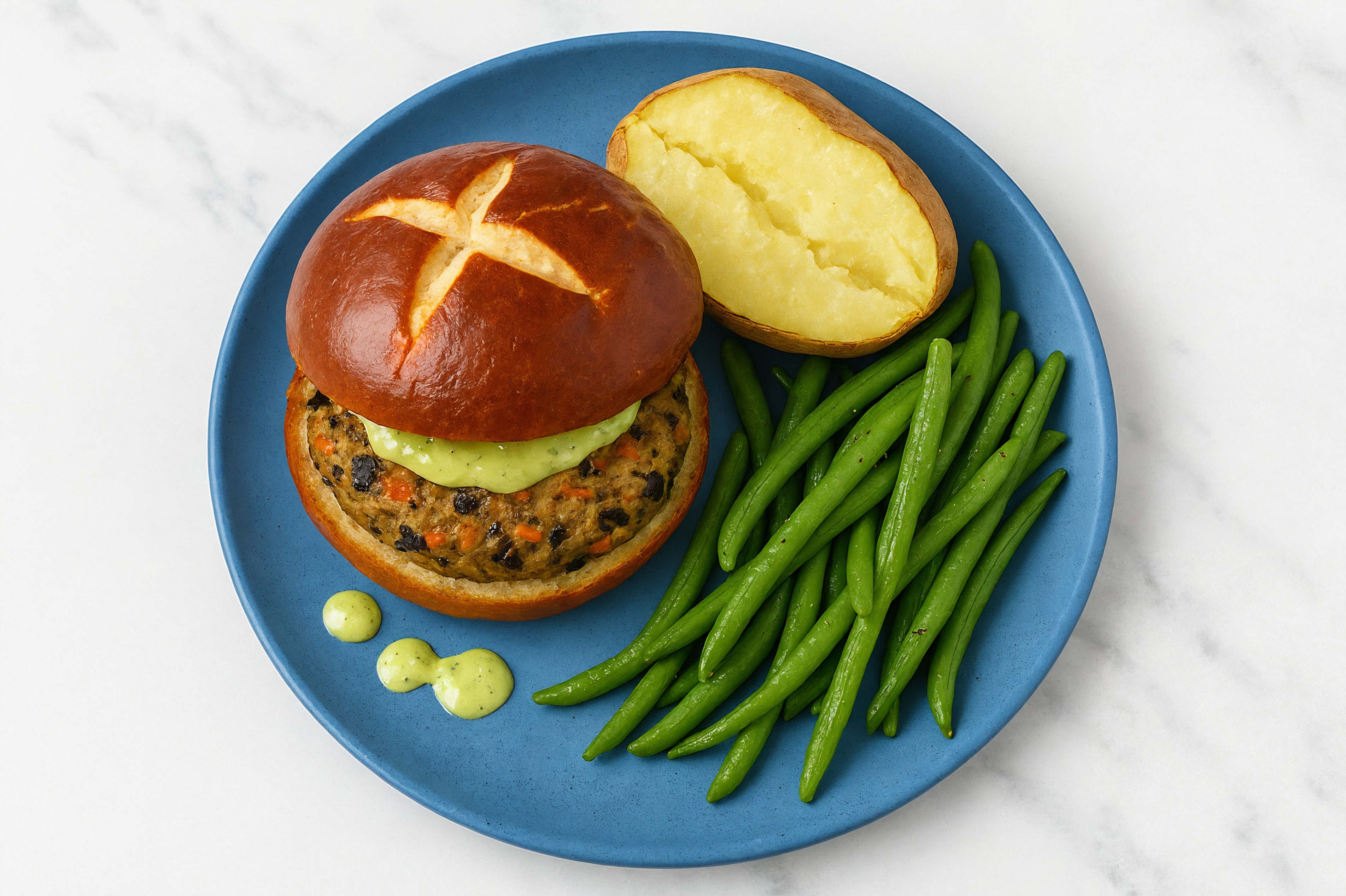 Pesto Black Bean Burger on Pretzel Bun with Green Beans