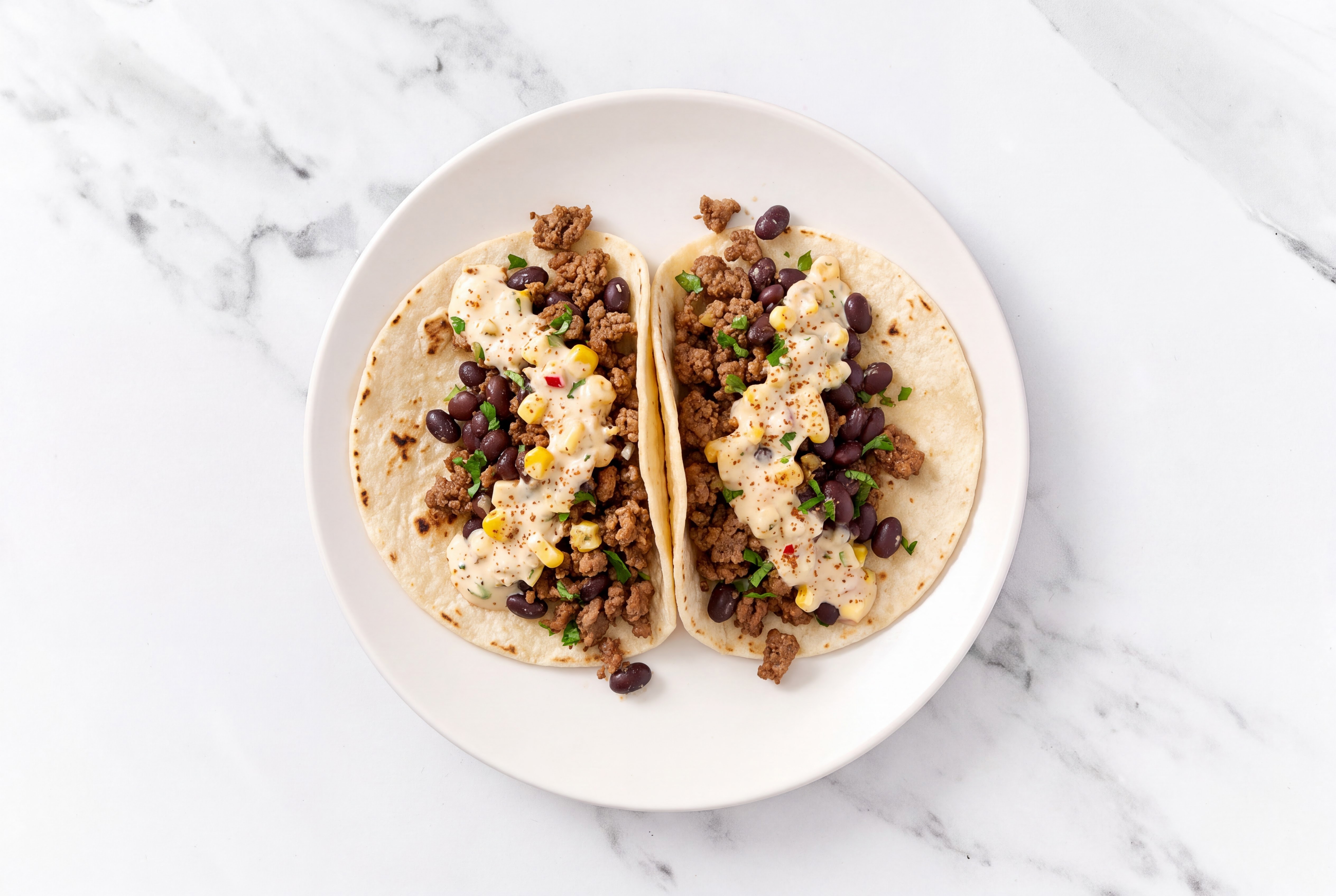 Ground 93/7 Lean Beef Tacos with Street Corn Sauce & Spiced Beans