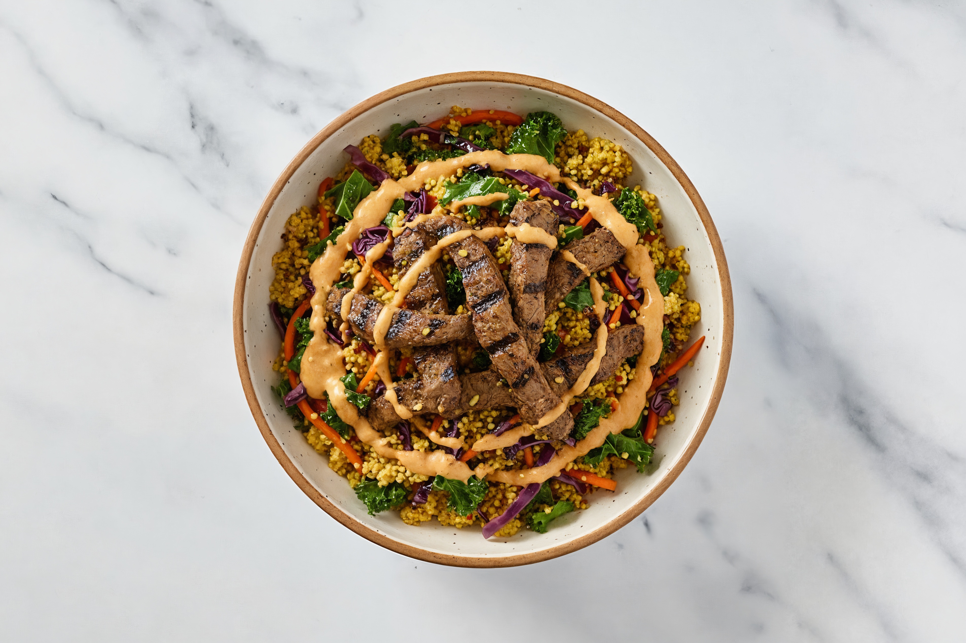 Beef + Couscous Rainbow Bowl with Garlicky Smoky BBQ Dipping Sauce