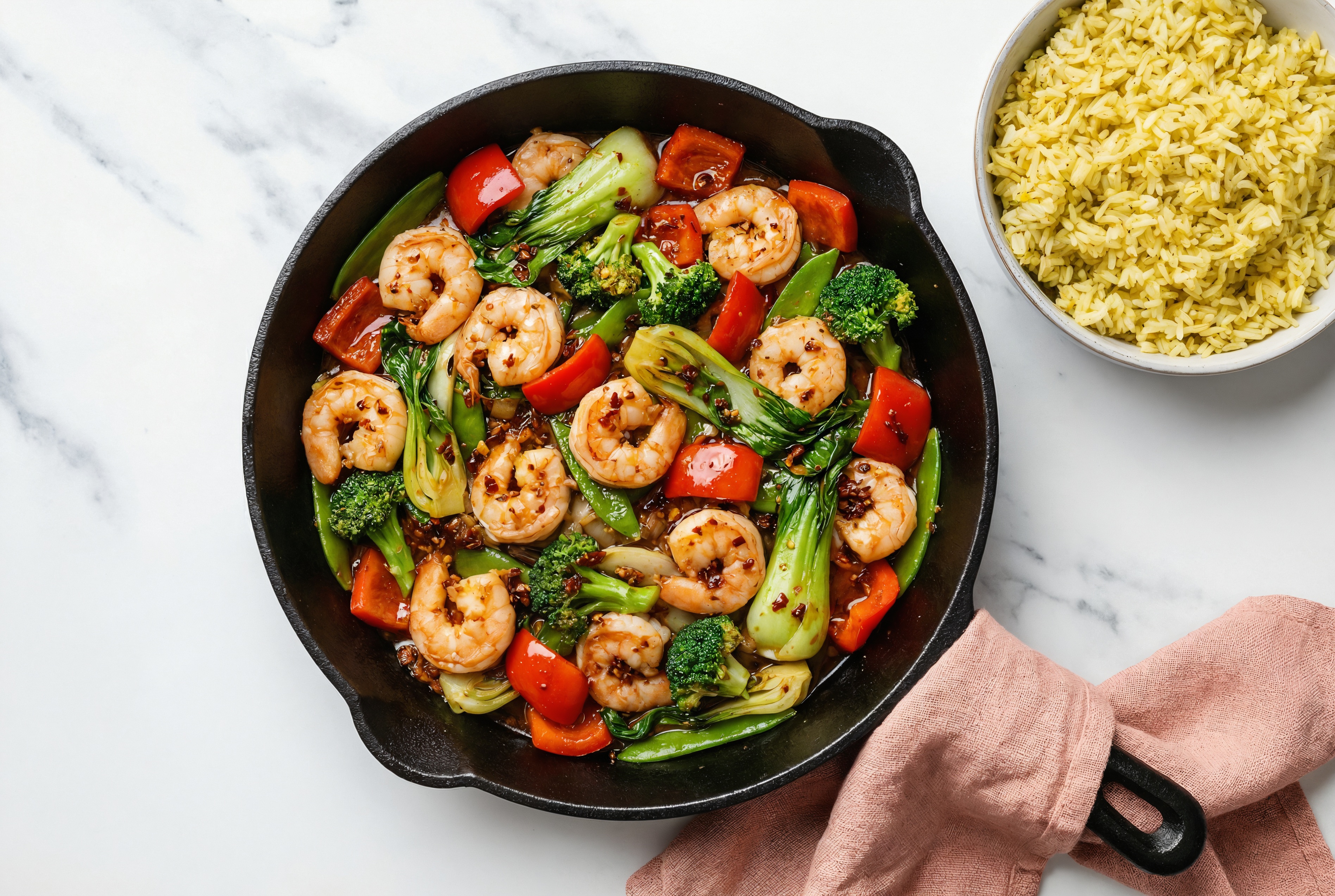Chili Crisp Shrimp with Bok Choy Mix + Bell Organic Pepper over Seasoned Jasmine Rice