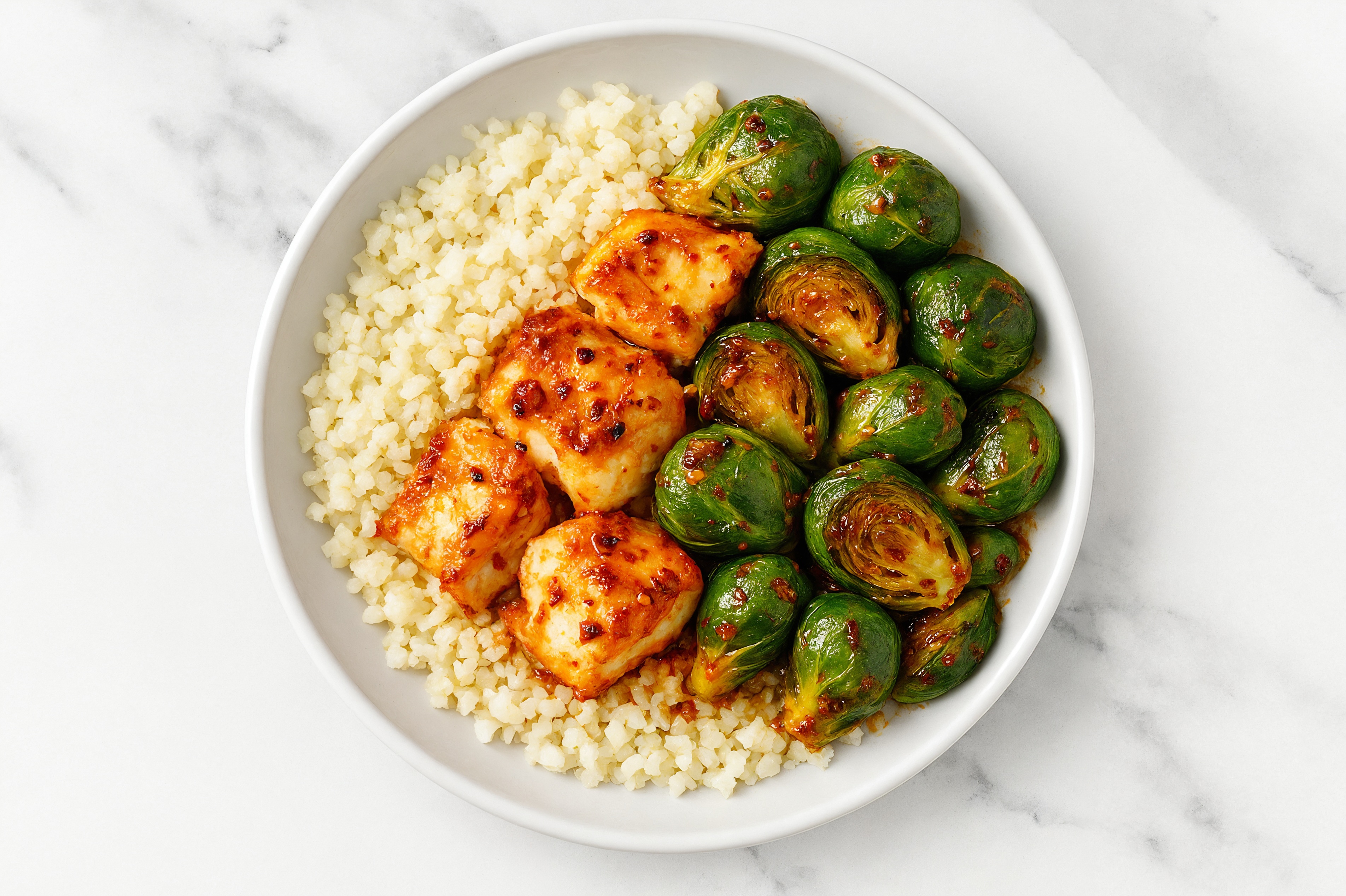 Air Fryer Chili Crisp Halibut + Brussels with Riced Cauliflower