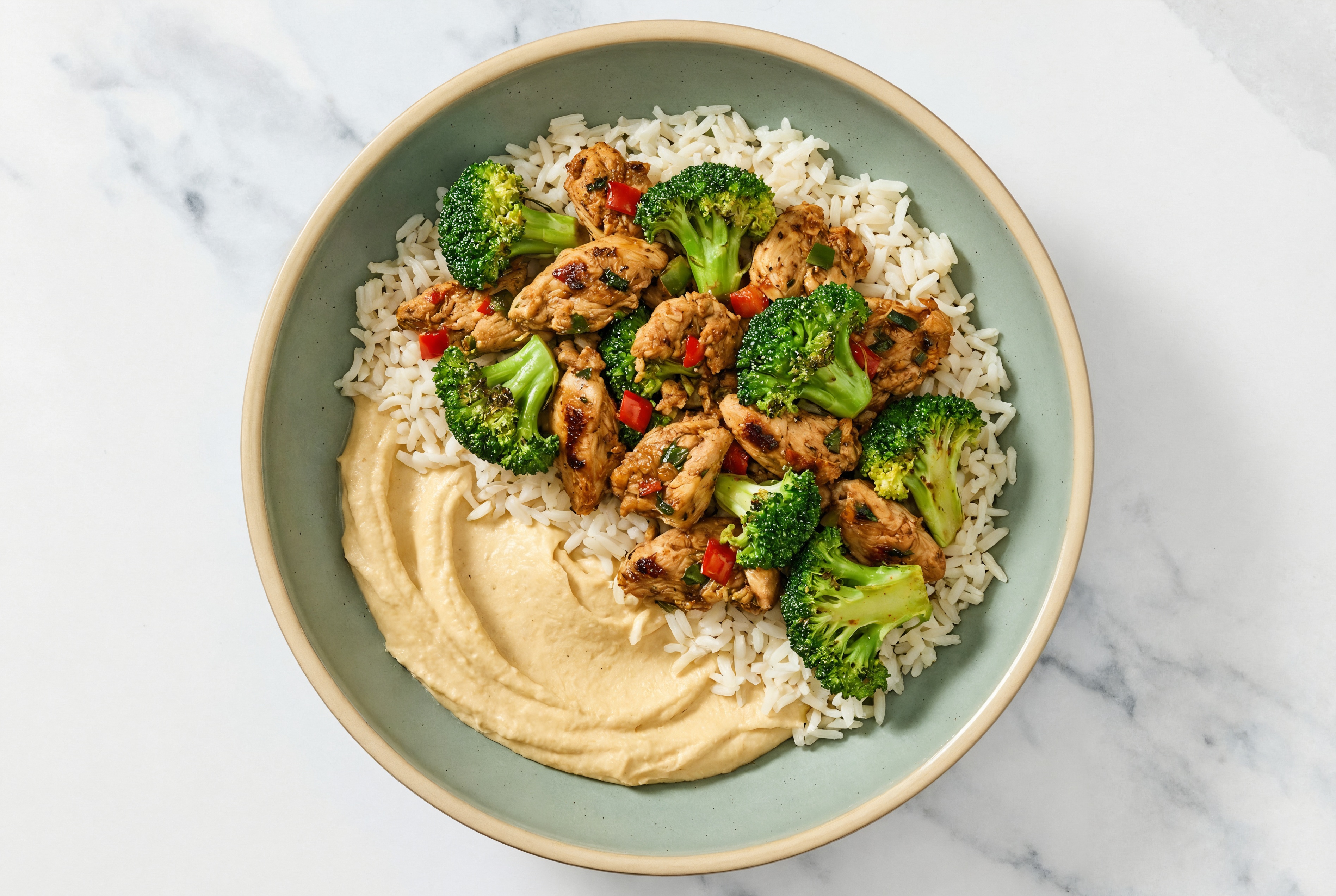Fajita Chicken & Broccoli Grain Bowl with Onion Hummus