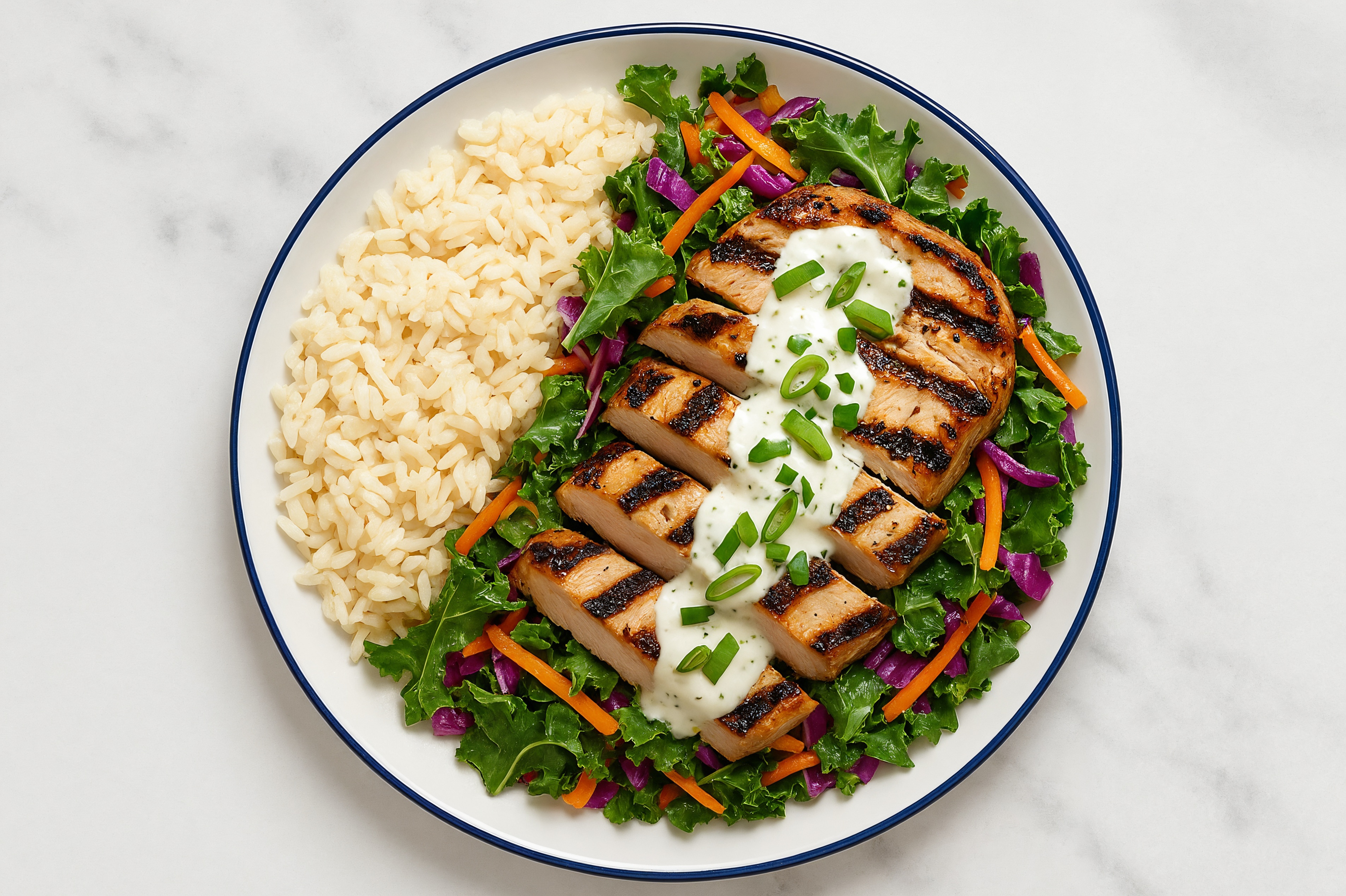 Grilled Pork Chops + Rice, Rainbow Veggies, Scallions + Vegan Ranch Bowl