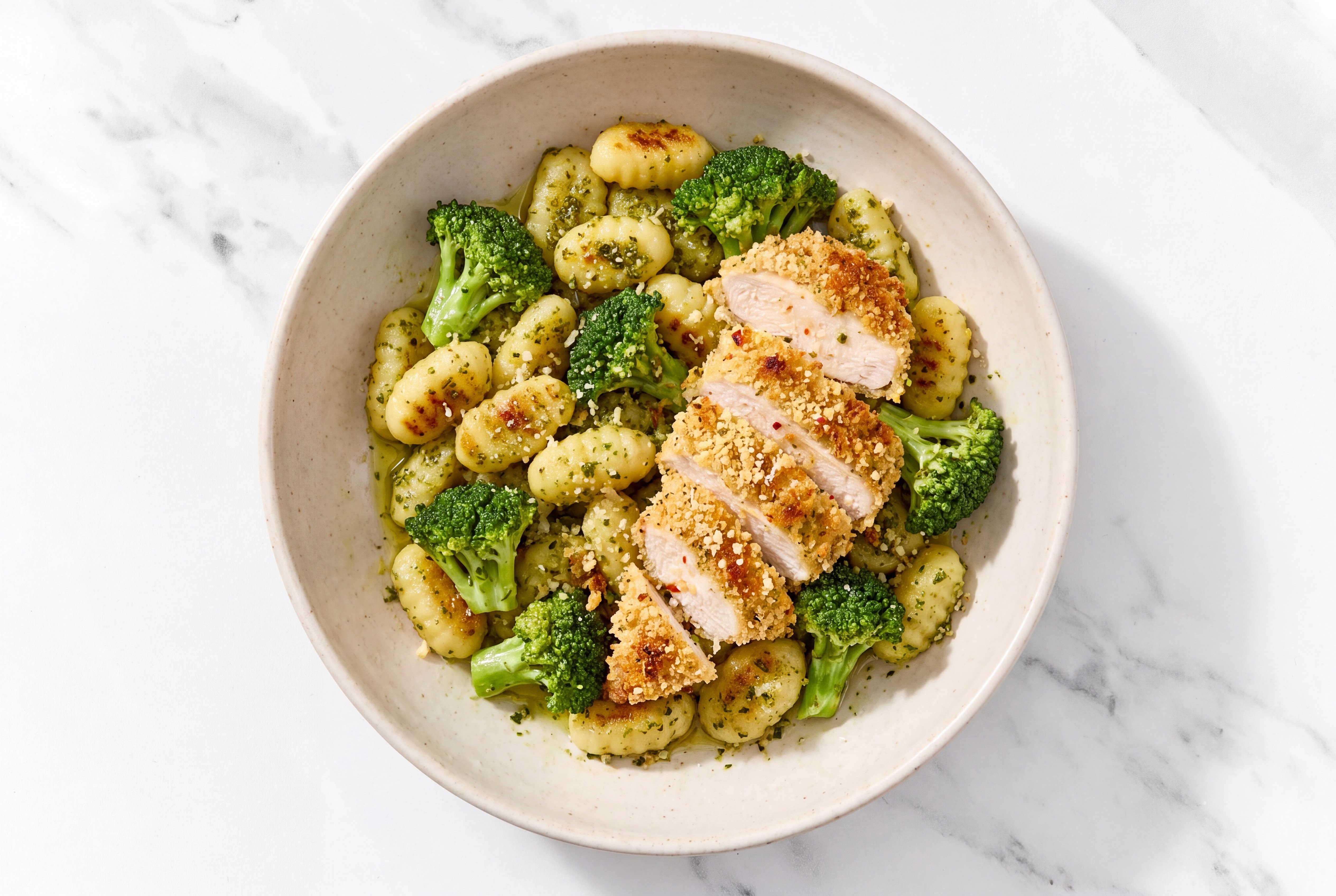 Crispy Garlic Chicken over Pesto Gnocchi with Broccoli