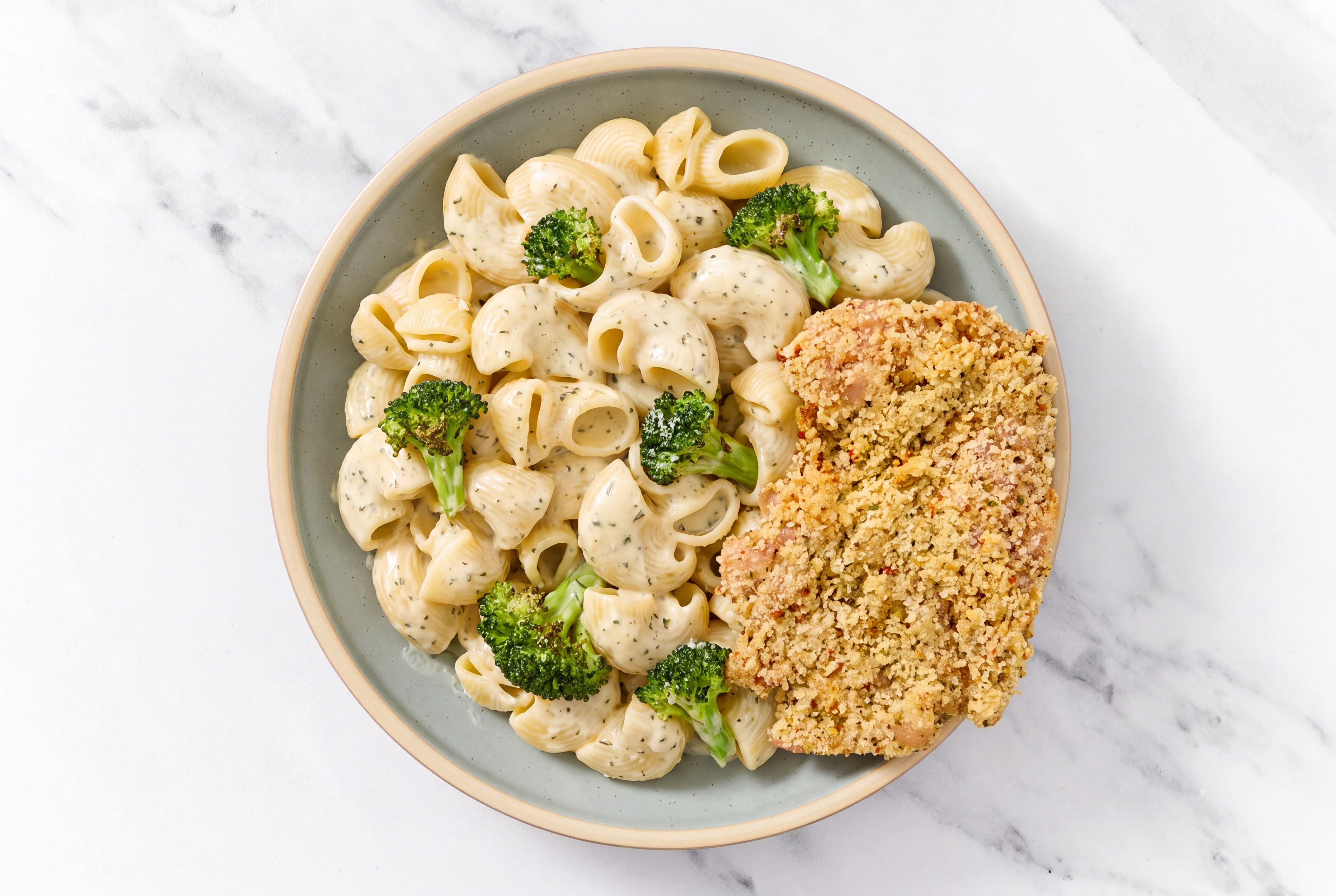 Crispy Garlic Chicken over Creamy Chiocciole Pasta with Broccoli