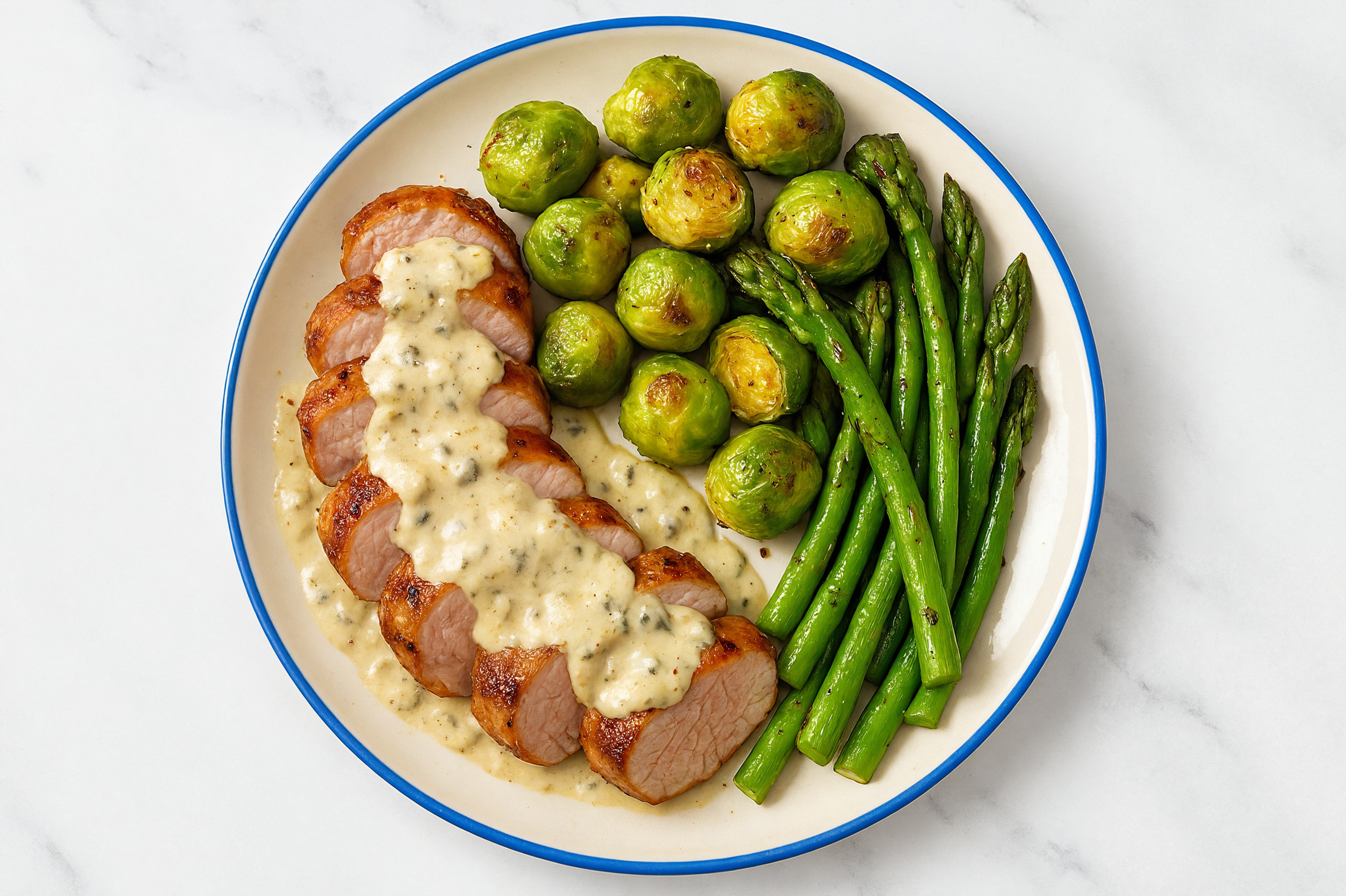 Creamy Truffle Smothered Pork Tenderloin with Asparagus & Roasted Brussels