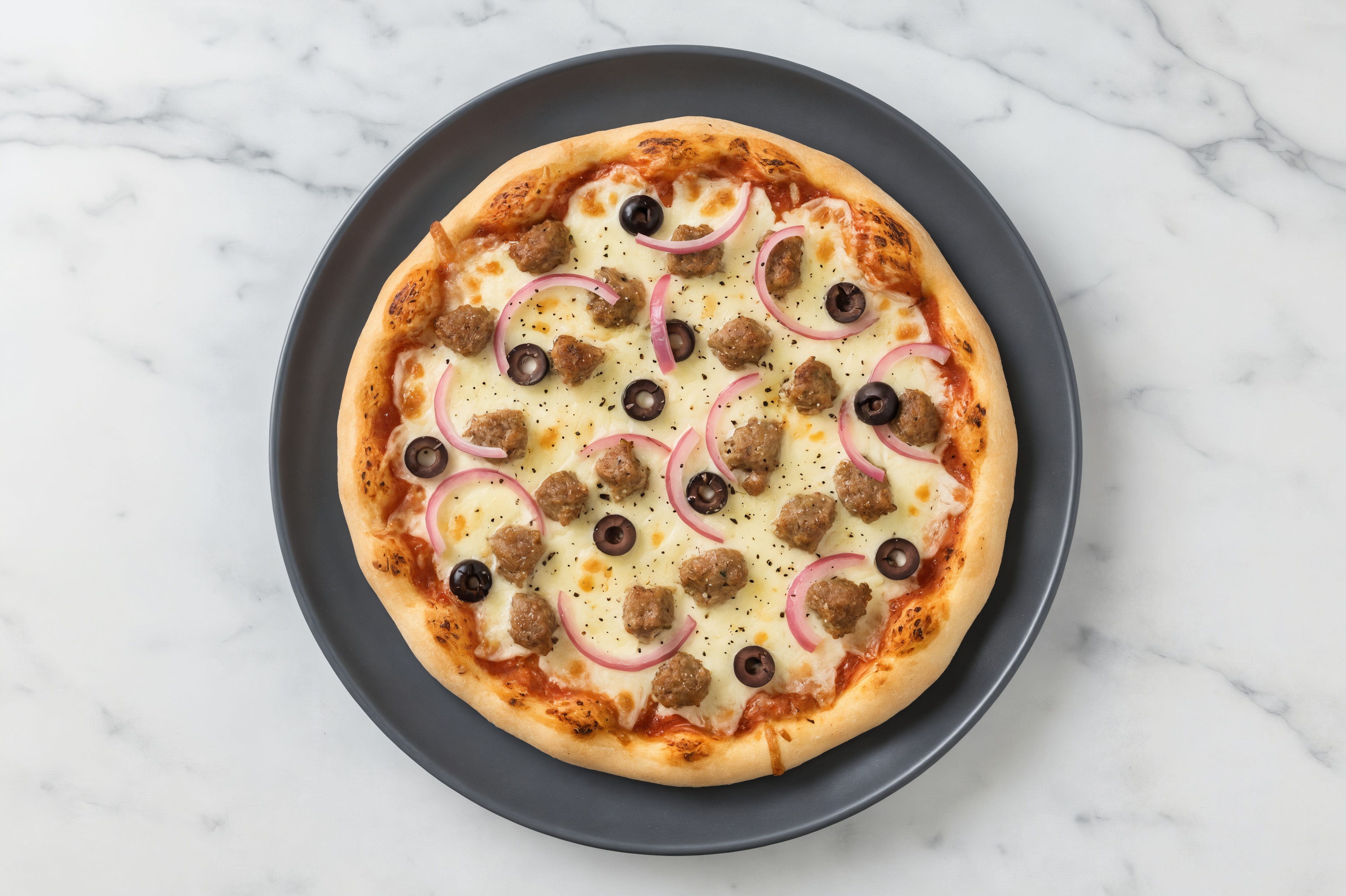 Cheesy Pork Sausage + Olives Gluten-Free Pizza with Pickled Onion