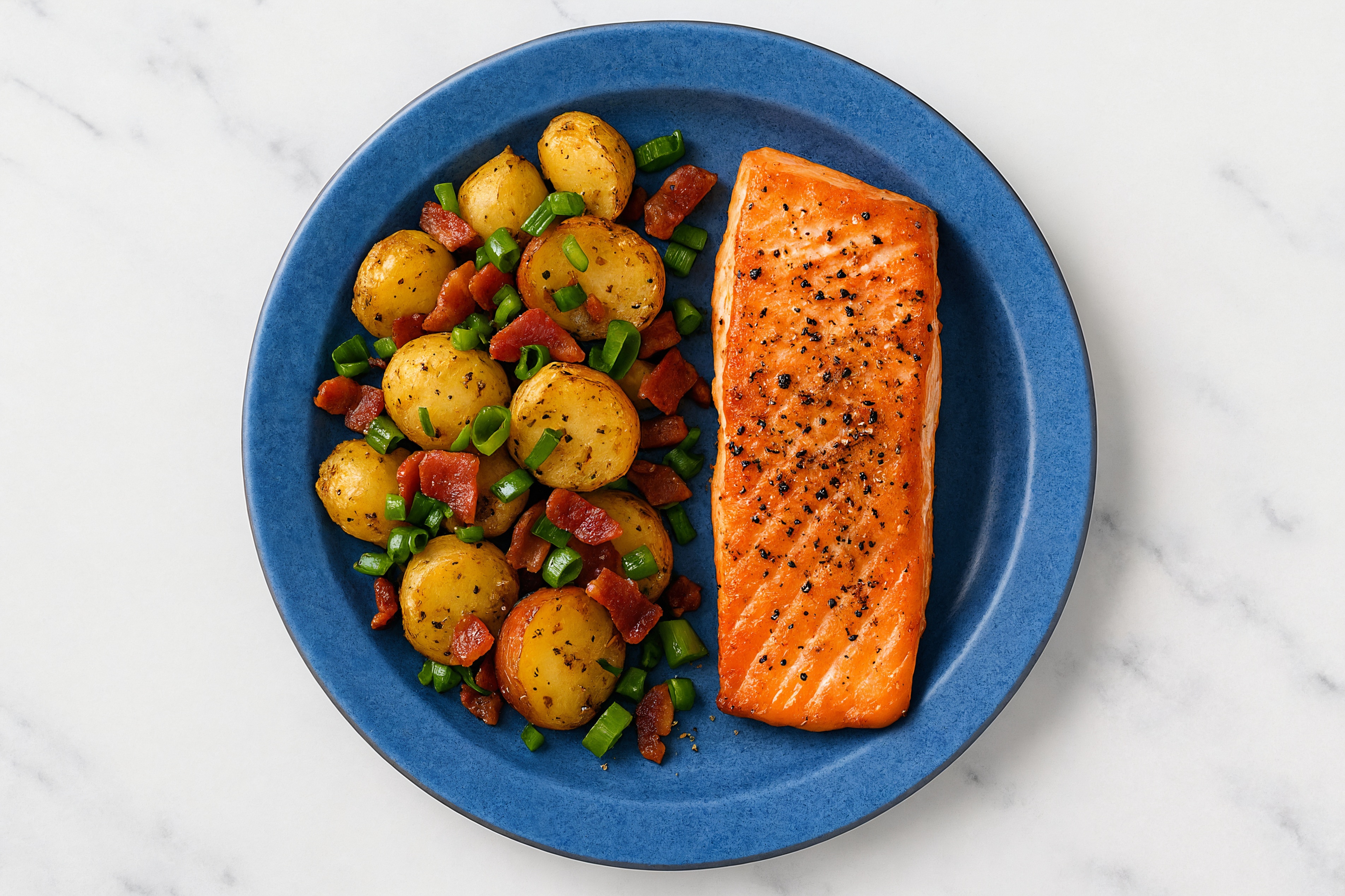 Salmon + Honey Herb Roasted Potatoes with Maple Bourbon Pork Bacon