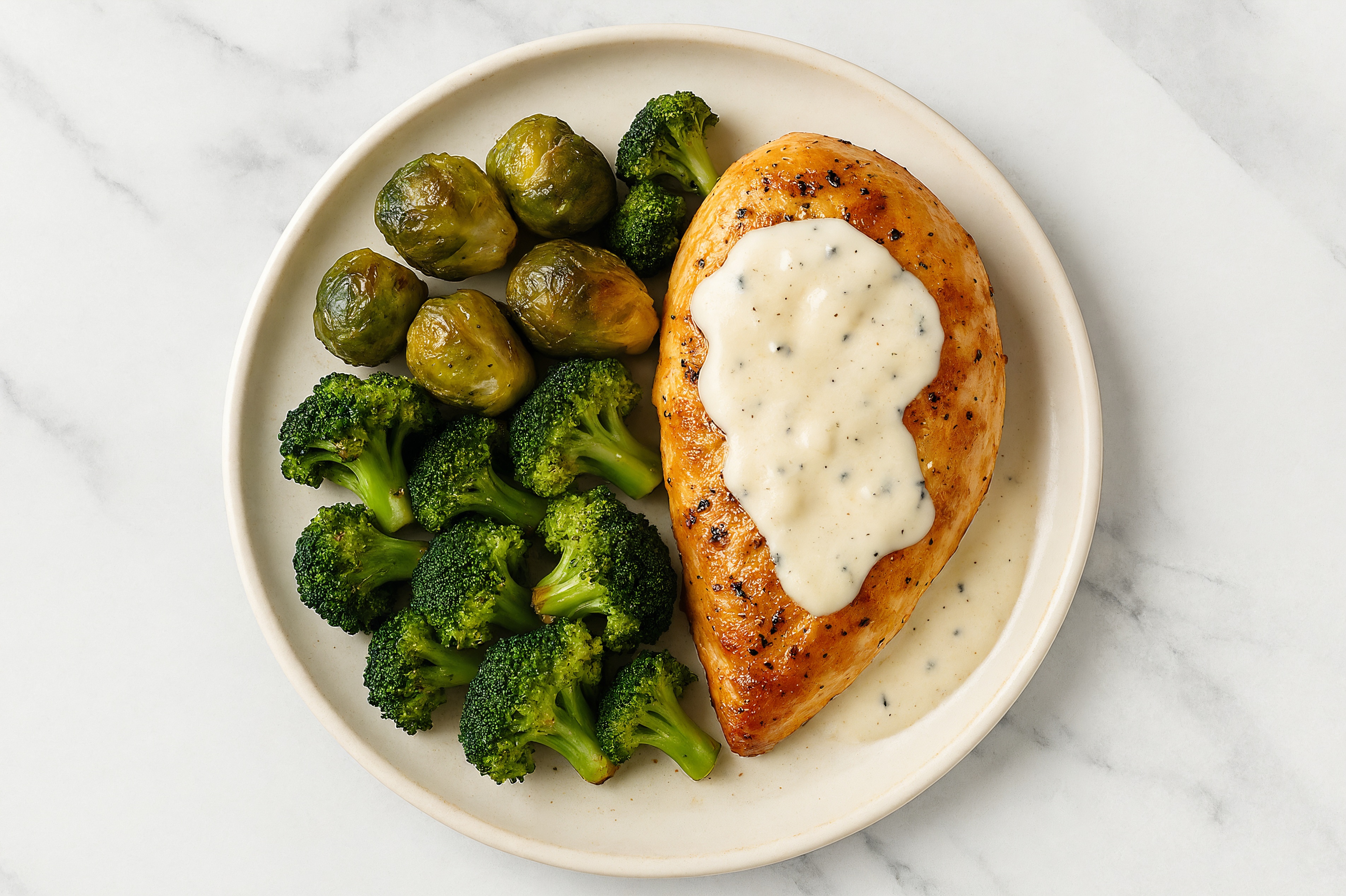 Creamy Parmesan Smothered Chicken Breasts with Broccoli & Roasted Brussels