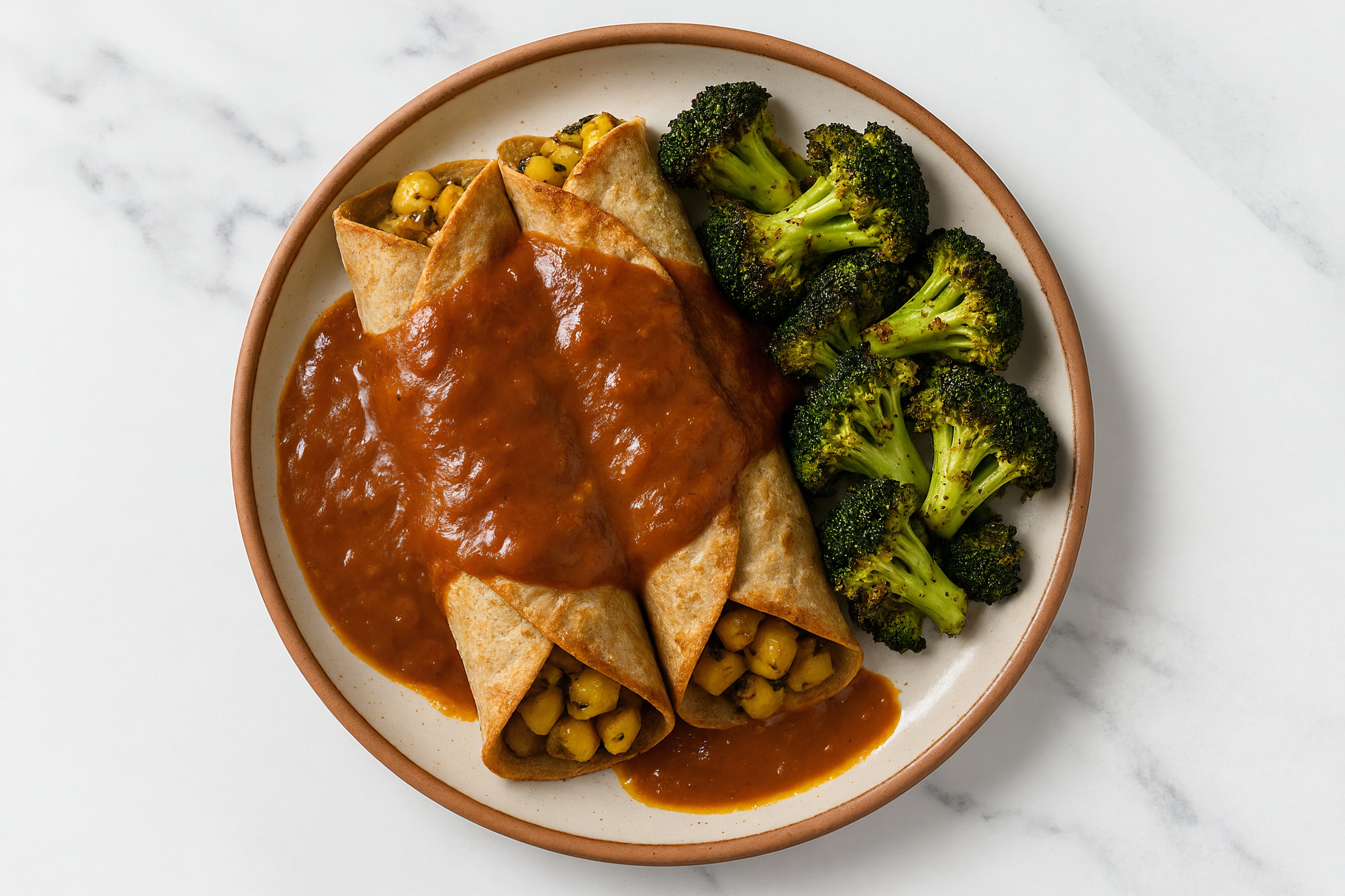 Vindaloo Chickpea + Potato Enchiladas with Organic Broccoli