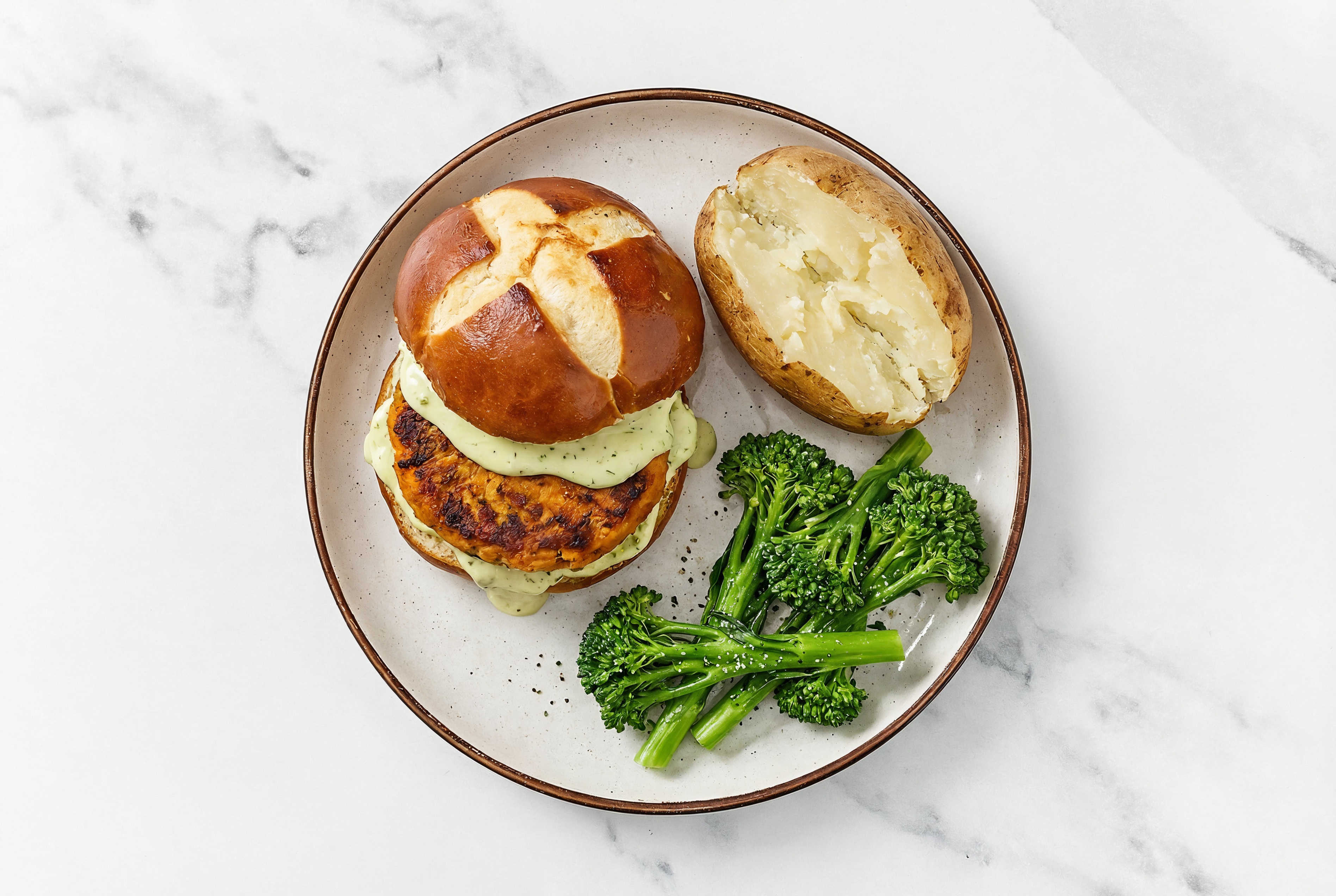 Jalapeño Sweet Potato Burger on Pretzel Bun with Baby Broccoli