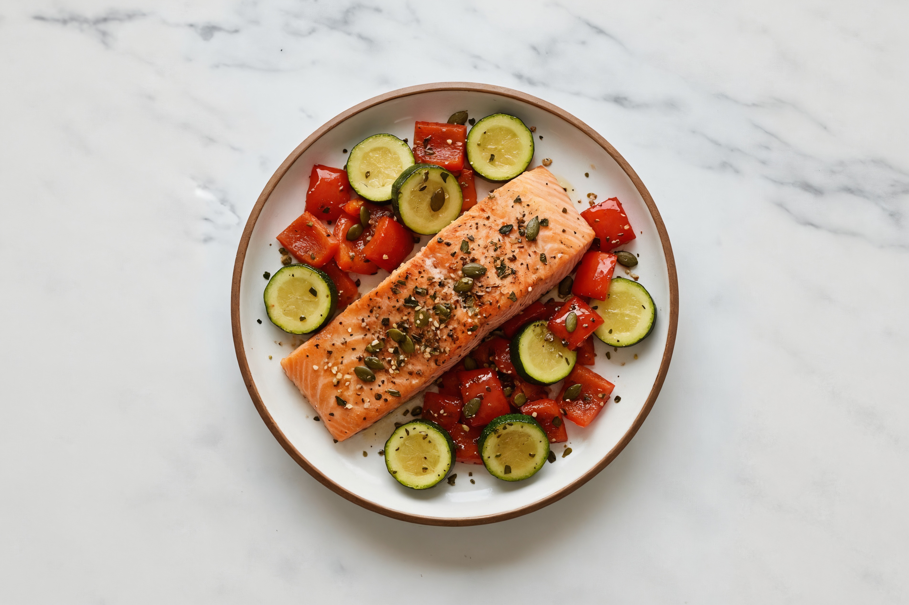 Balsamic Sockeye Salmon with Sautéed Peppers + Zucchini