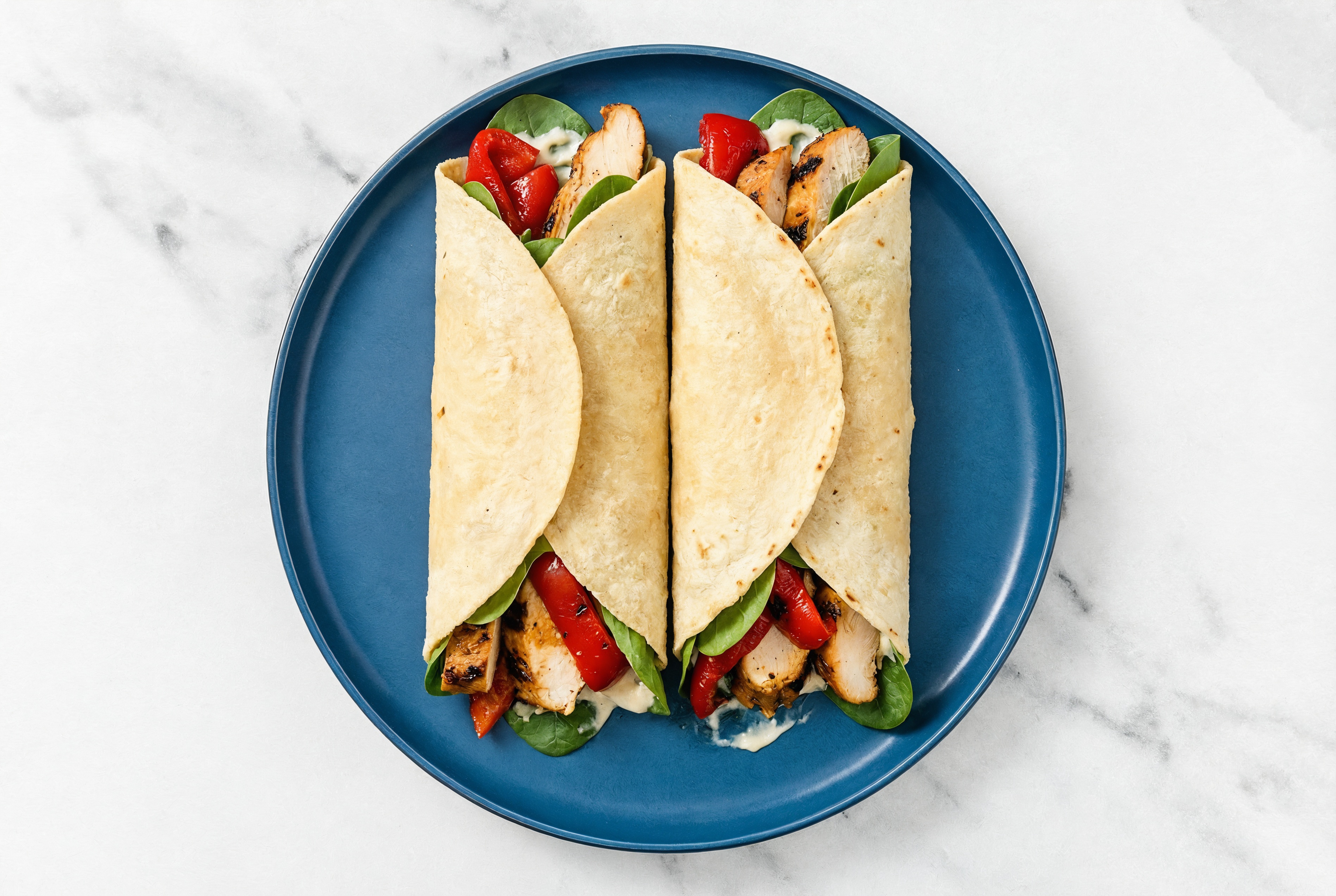 Garlic Blackened Chicken + Roasted Pepper Tortilla Wraps with Spinach