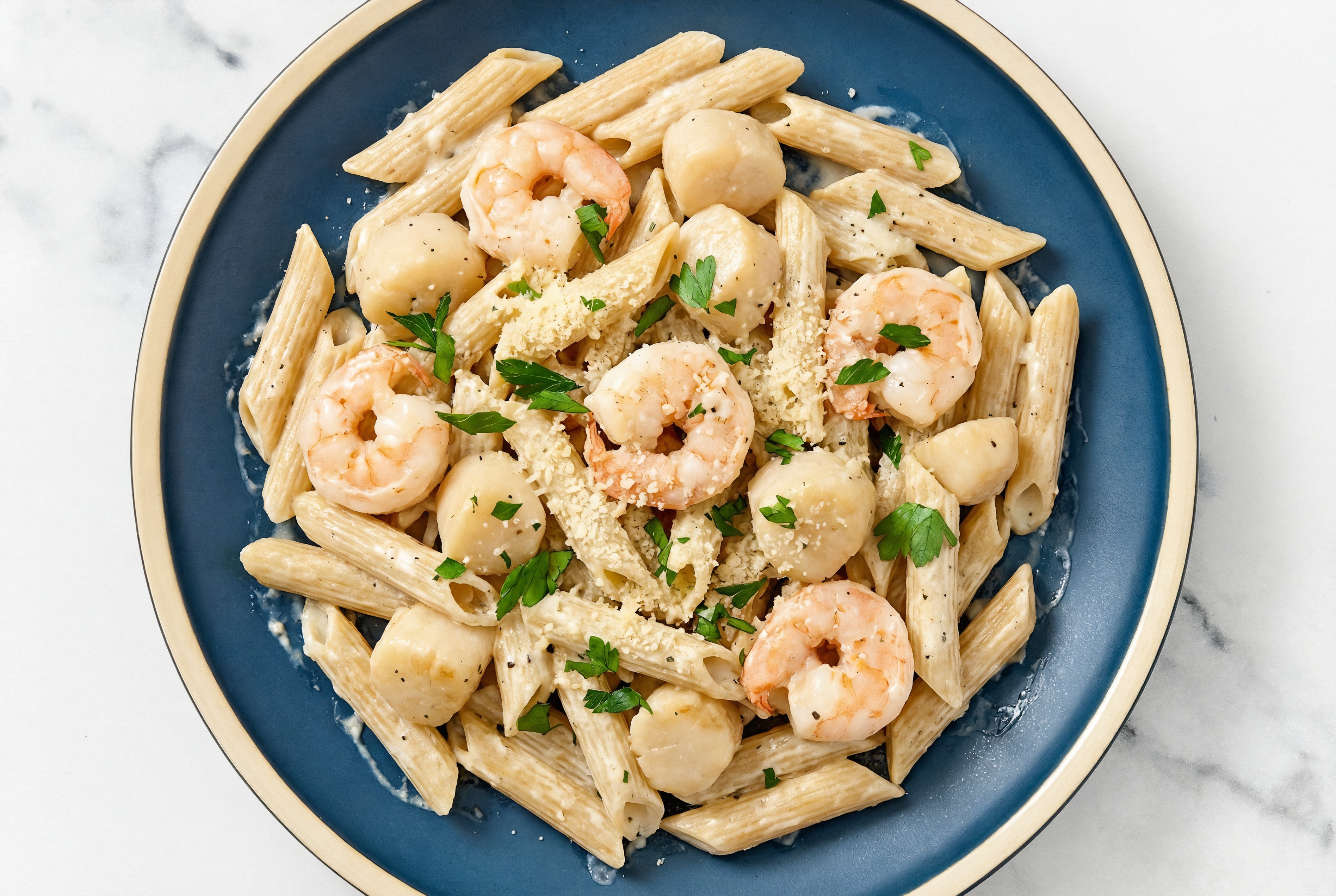 Shrimp + Scallop Pasta Alfredo with Sourdough Penne Rigate
