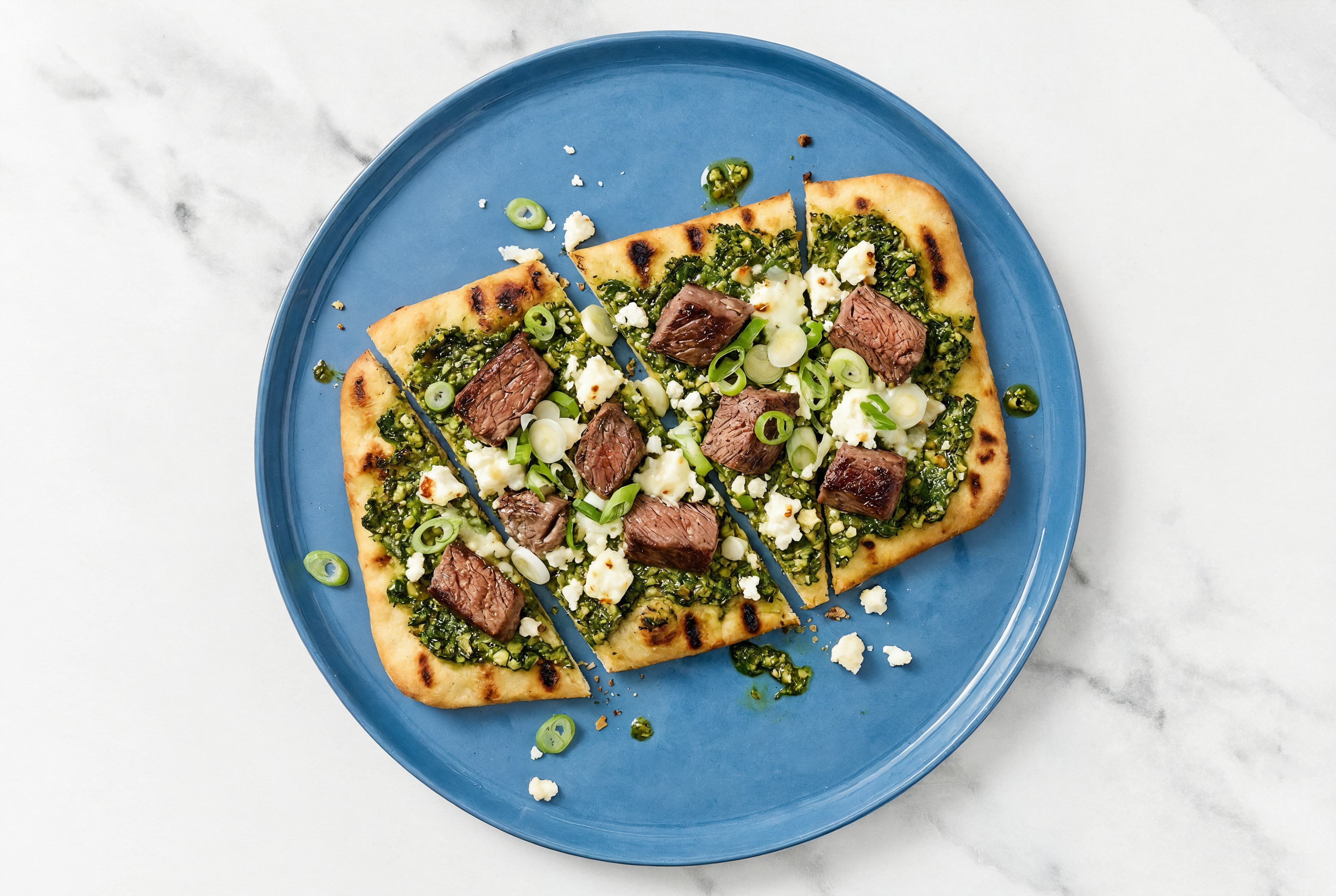 Super Green Sirloin Tip Grilled Pizza with Sheep Cheese + Fresh Scallions