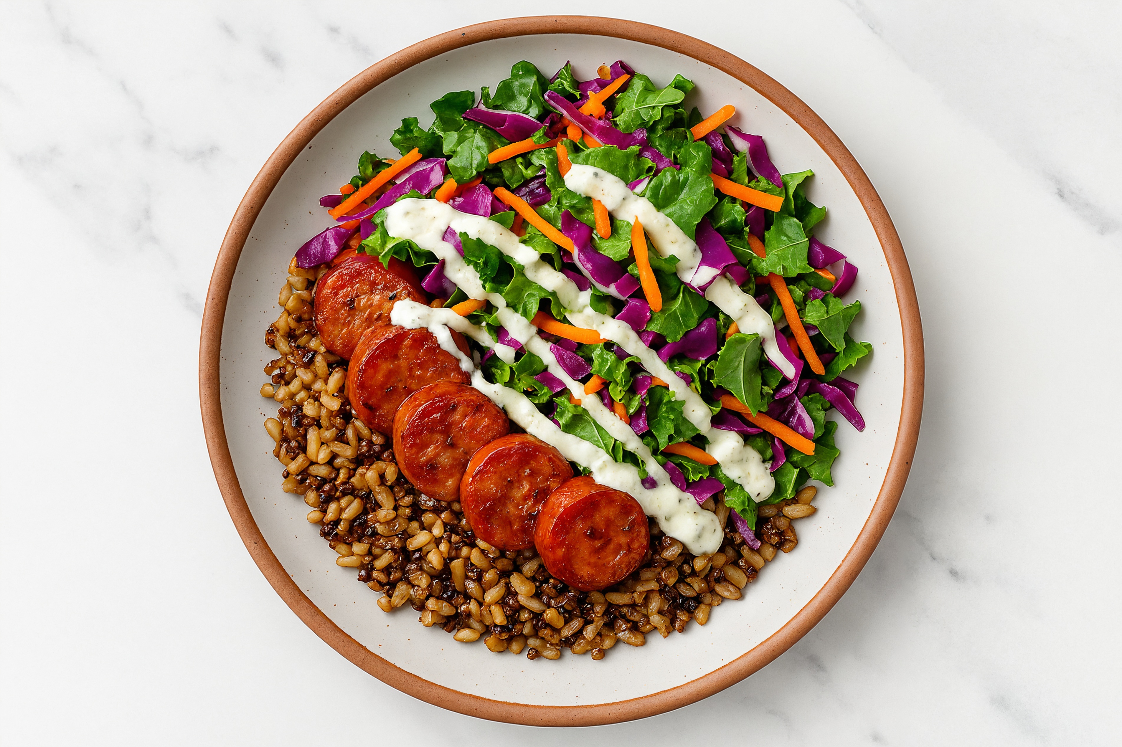 Turkey Sausage & Rainbow Veggie Grain Bowl with Dairy-Free Tzatziki