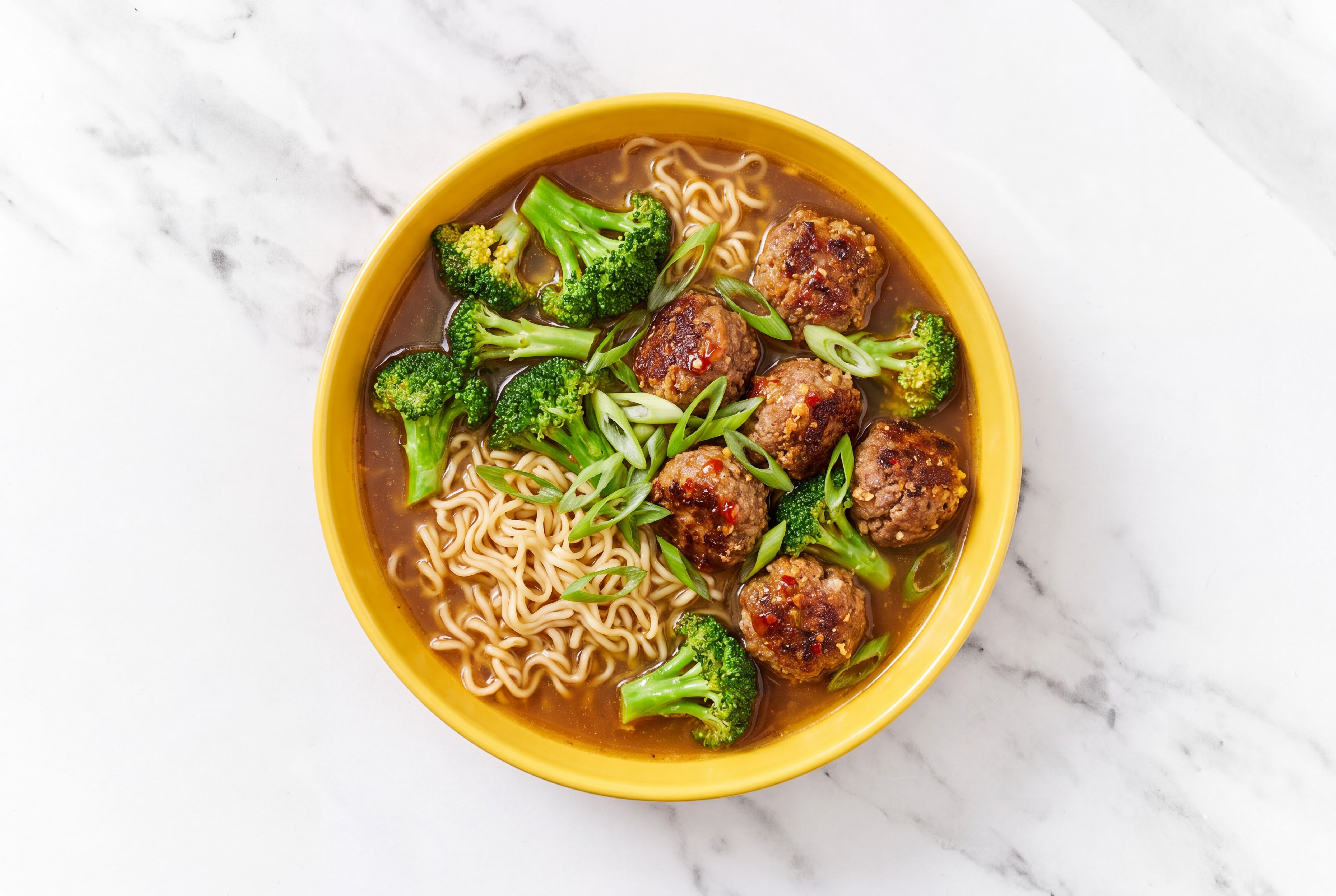 Sweet Chili Beef Meatball Ramen Souo with Broccoli Florets